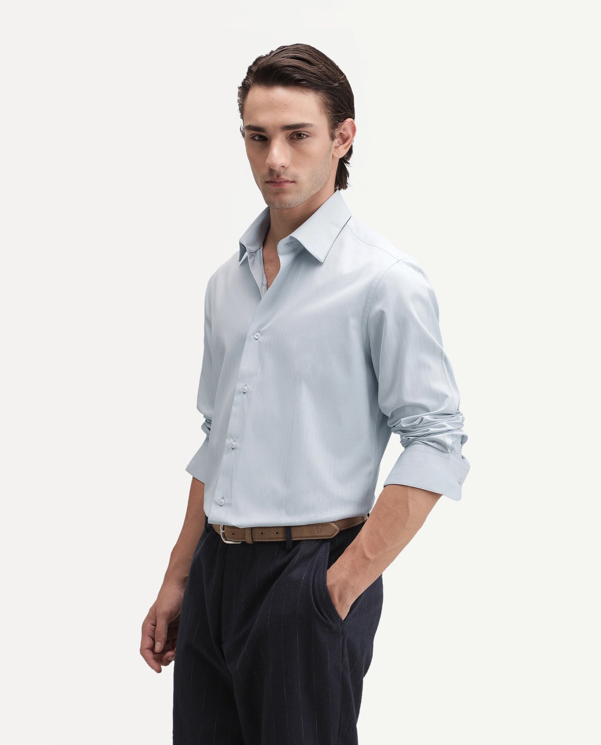 Rare Rabbit Men's Alvor Dusky Blue Polyester Blend Spread Collar Button Regular Plain Shirt