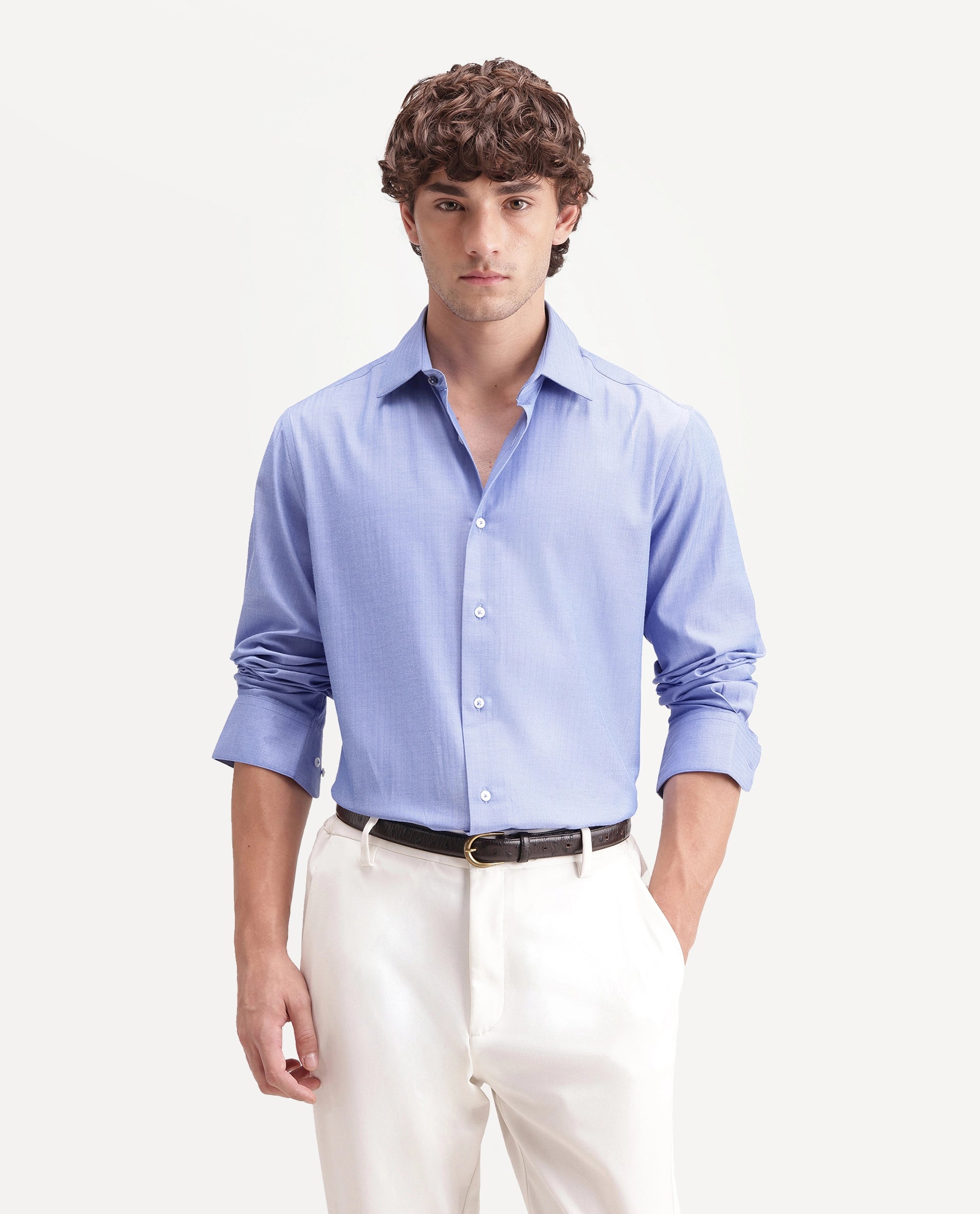 Rare Rabbit Men's Alvor Primary Blue Polyester Blend Spread Collar Button Regular Plain Shirt