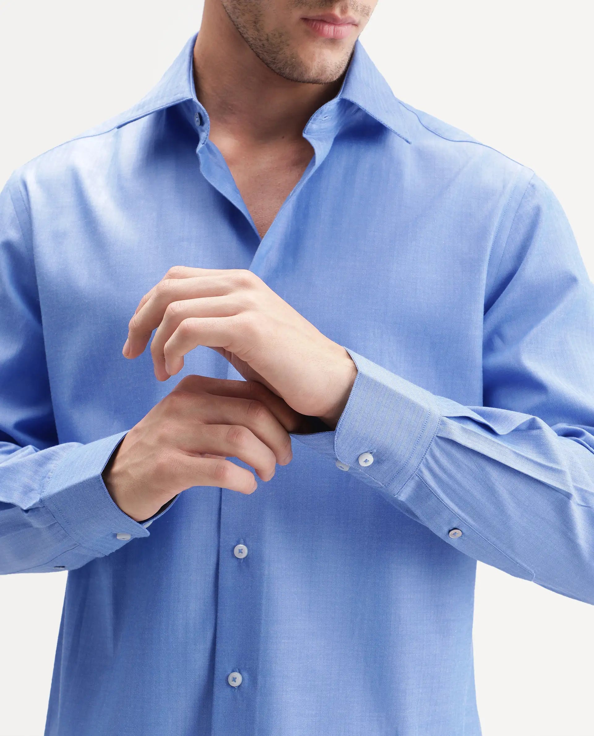 Rare Rabbit Men's Avn Primary Blue Polyester Blend Spread Collar Button Regular Plain Shirt