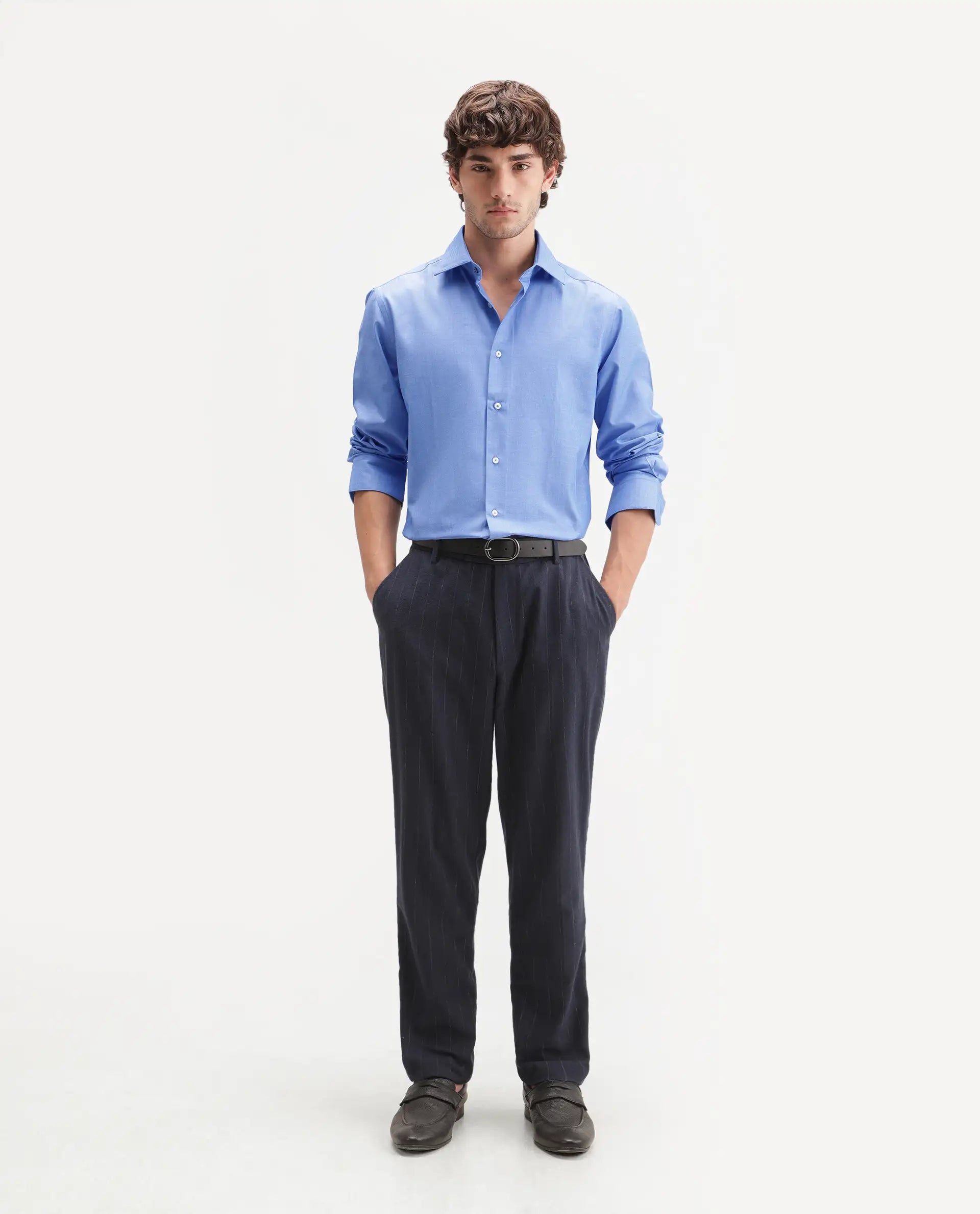 Rare Rabbit Men's Avn Primary Blue Polyester Blend Spread Collar Button Regular Plain Shirt