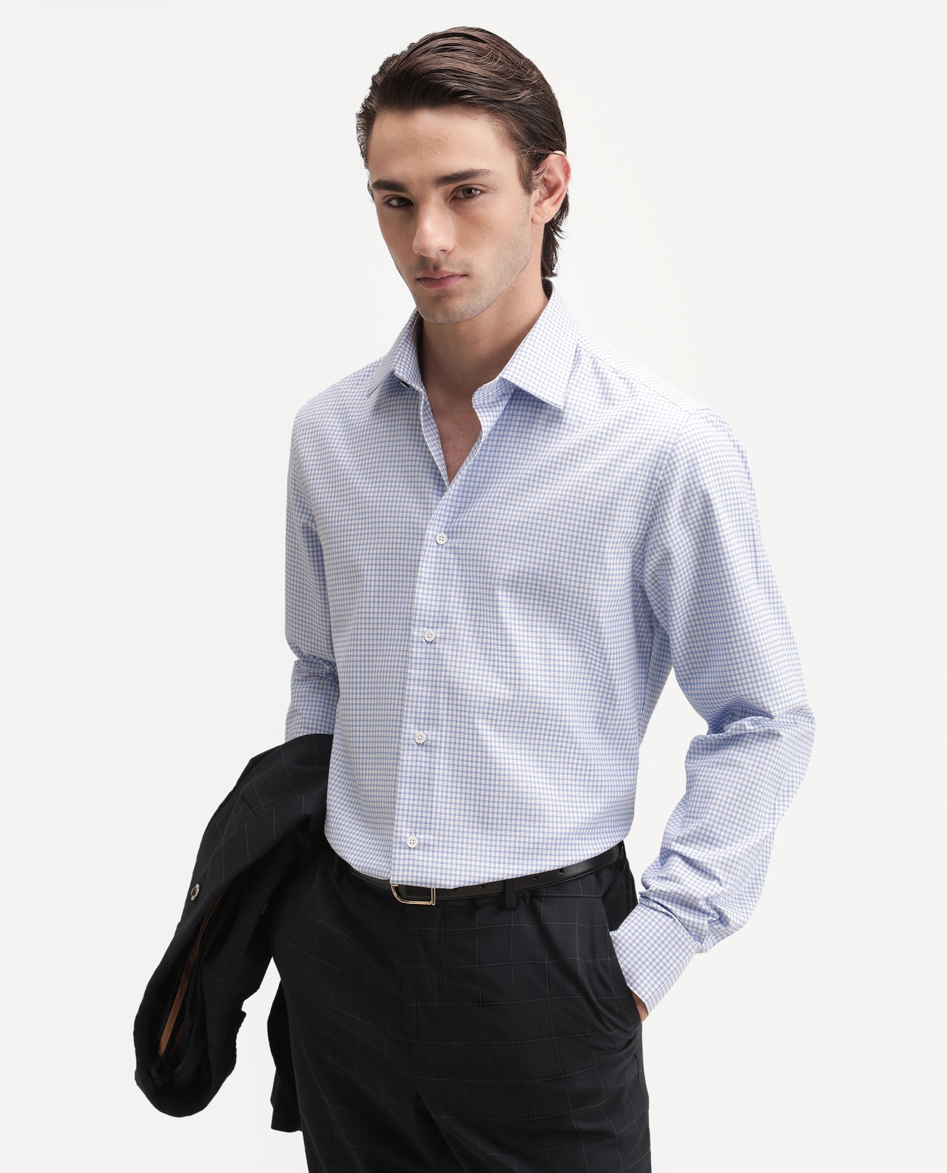 Rare Rabbit Men's Ulan Light Blue Polyester Blend Spread Collar Button Regular Checked Shirt