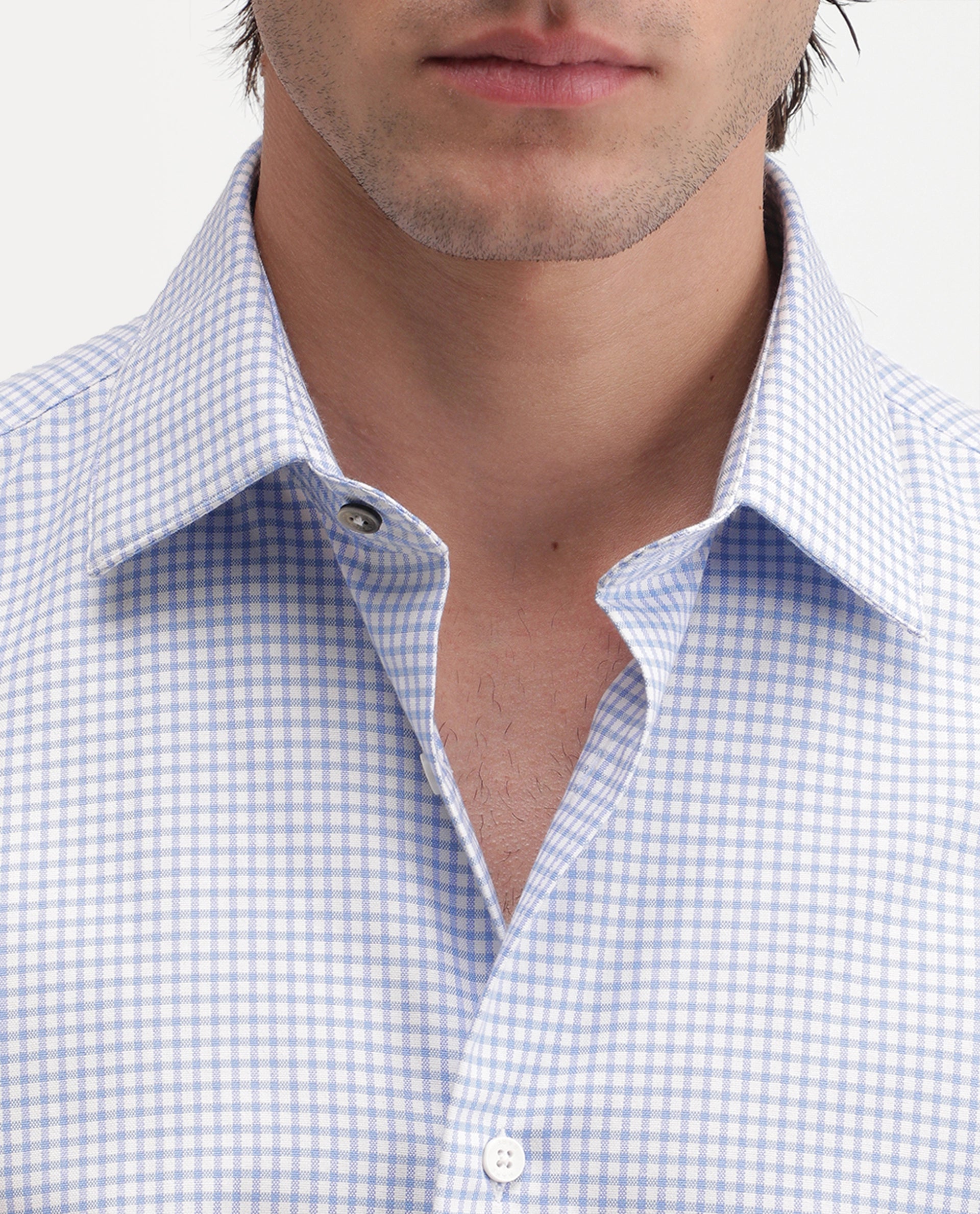 Rare Rabbit Men's Ulan Light Blue Polyester Blend Spread Collar Button Regular Checked Shirt