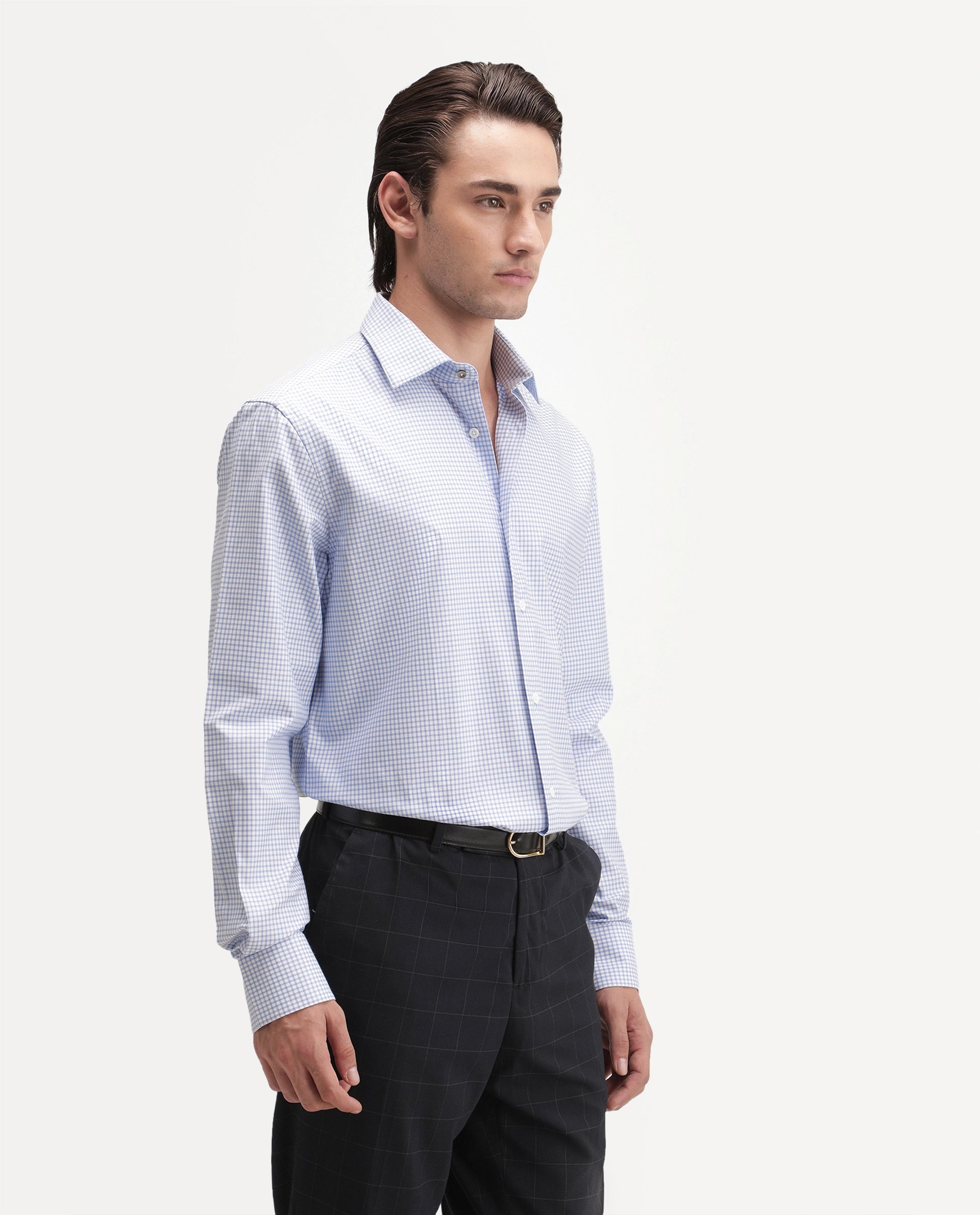 Rare Rabbit Men's Ulan Light Blue Polyester Blend Spread Collar Button Regular Checked Shirt