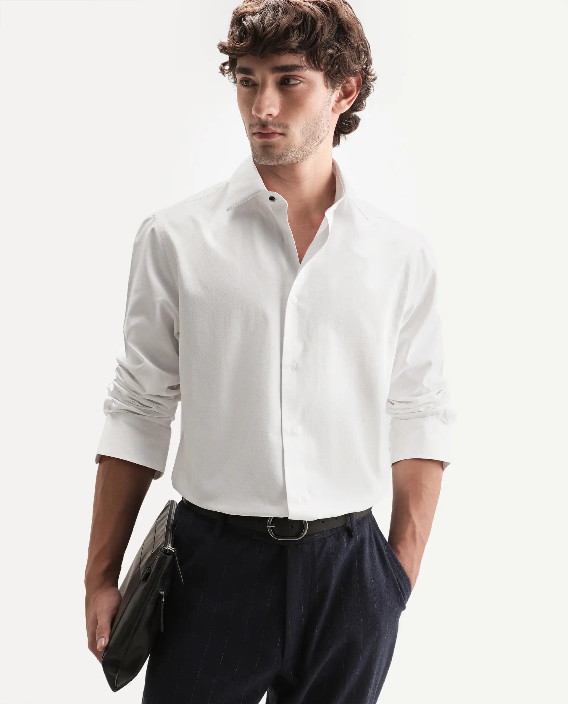 Rare Rabbit Men's Orvex Primary White Polyester Blend Spread Collar Button Regular Plain Shirt