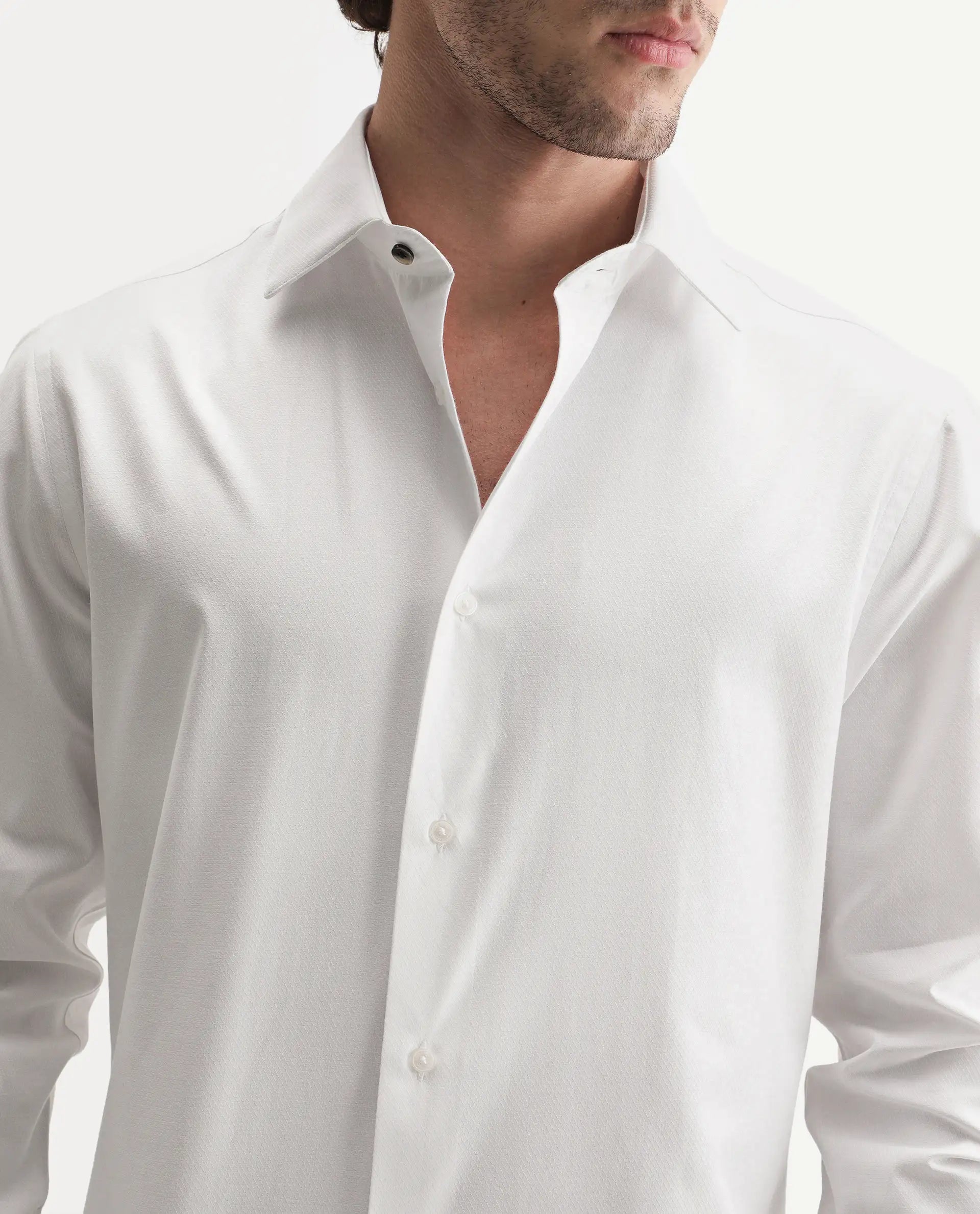 Rare Rabbit Men's Orvex Primary White Polyester Blend Spread Collar Button Regular Plain Shirt