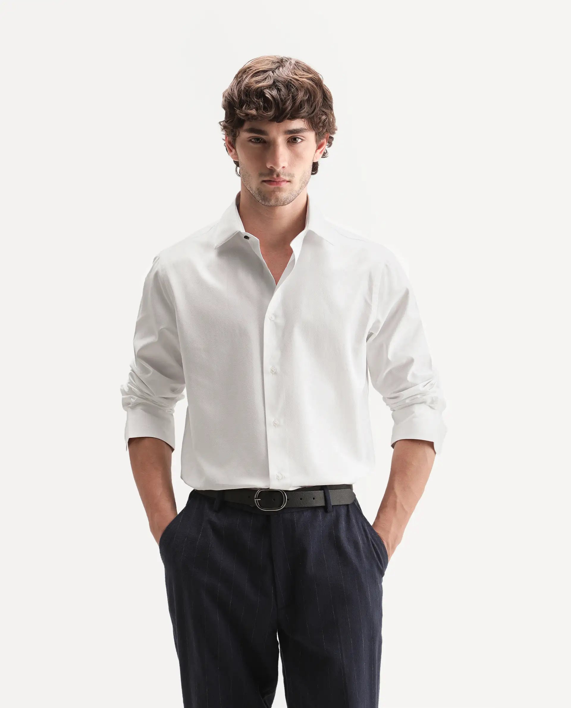 Rare Rabbit Men's Orvex Primary White Polyester Blend Spread Collar Button Regular Plain Shirt
