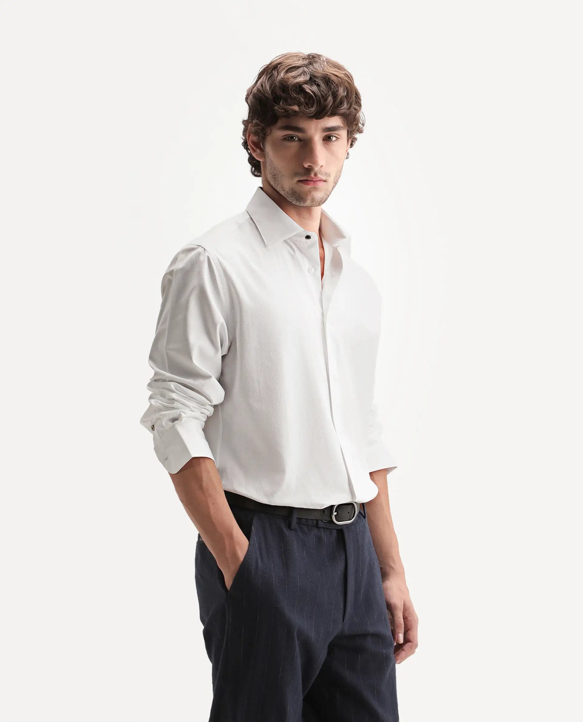 Rare Rabbit Men's Orvex Primary White Polyester Blend Spread Collar Button Regular Plain Shirt