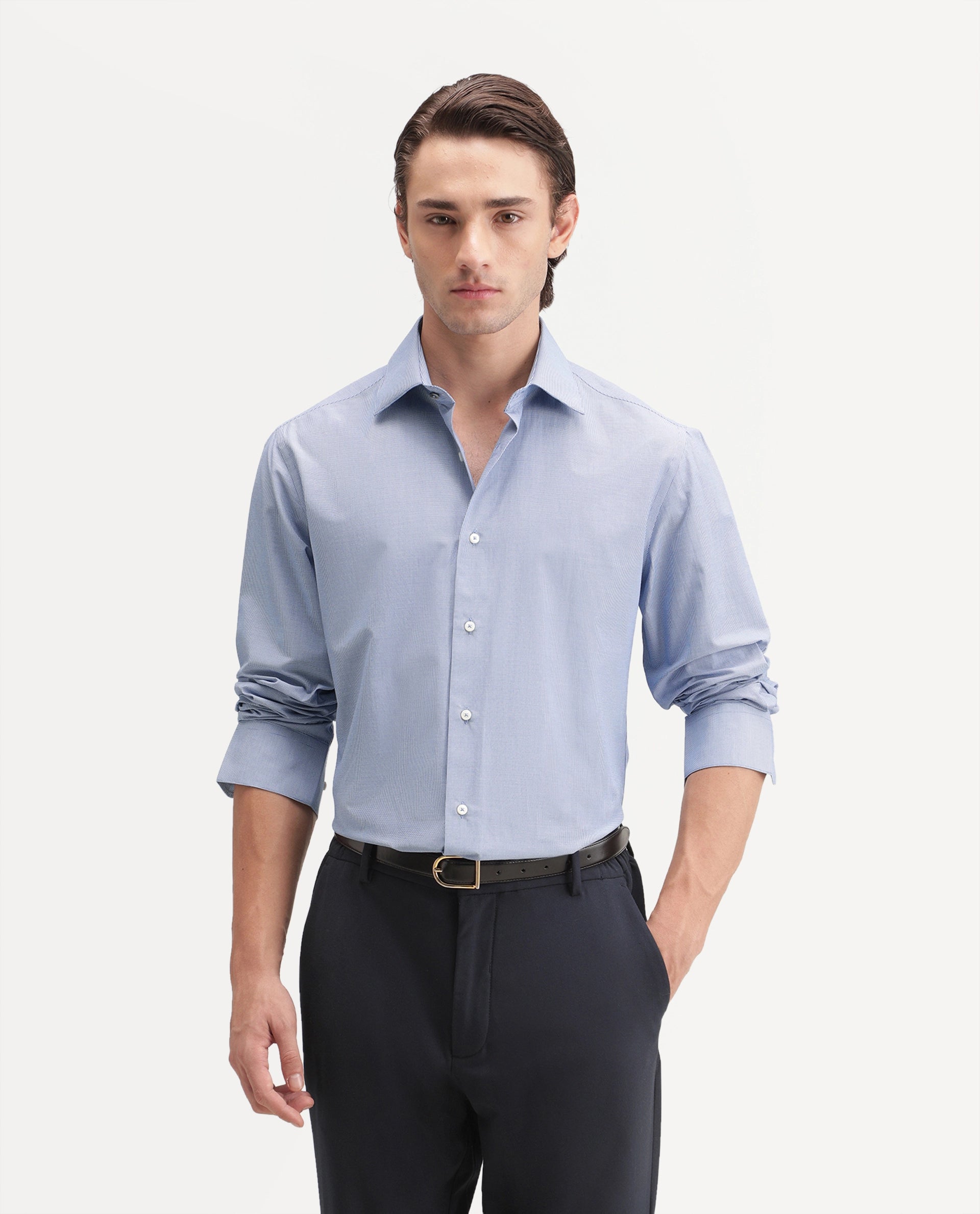 Rare Rabbit Men's Trvex Primary Navy Polyester Blend Spread Collar Button Regular Checked Shirt