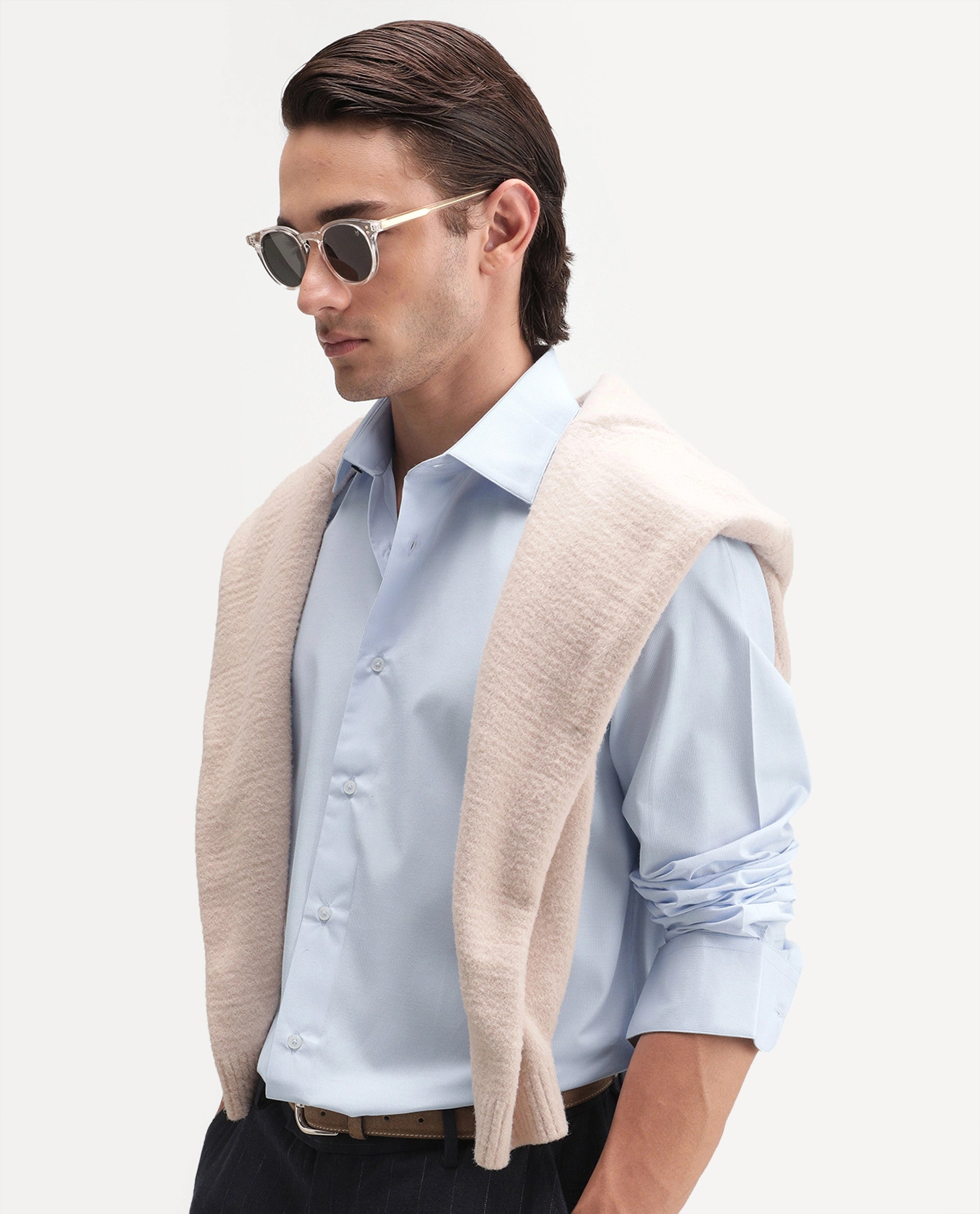 Rare Rabbit Men's Oxvar Light Blue Polyester Blend Spread Collar Button Regular Striped Shirt