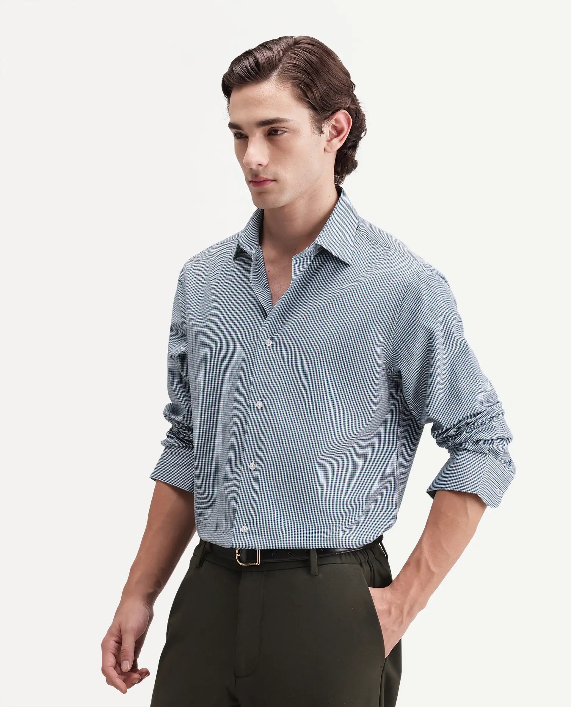 Rare Rabbit Men's Acvor Primary Green Polyester Blend Spread Collar Button Regular Checked Shirt