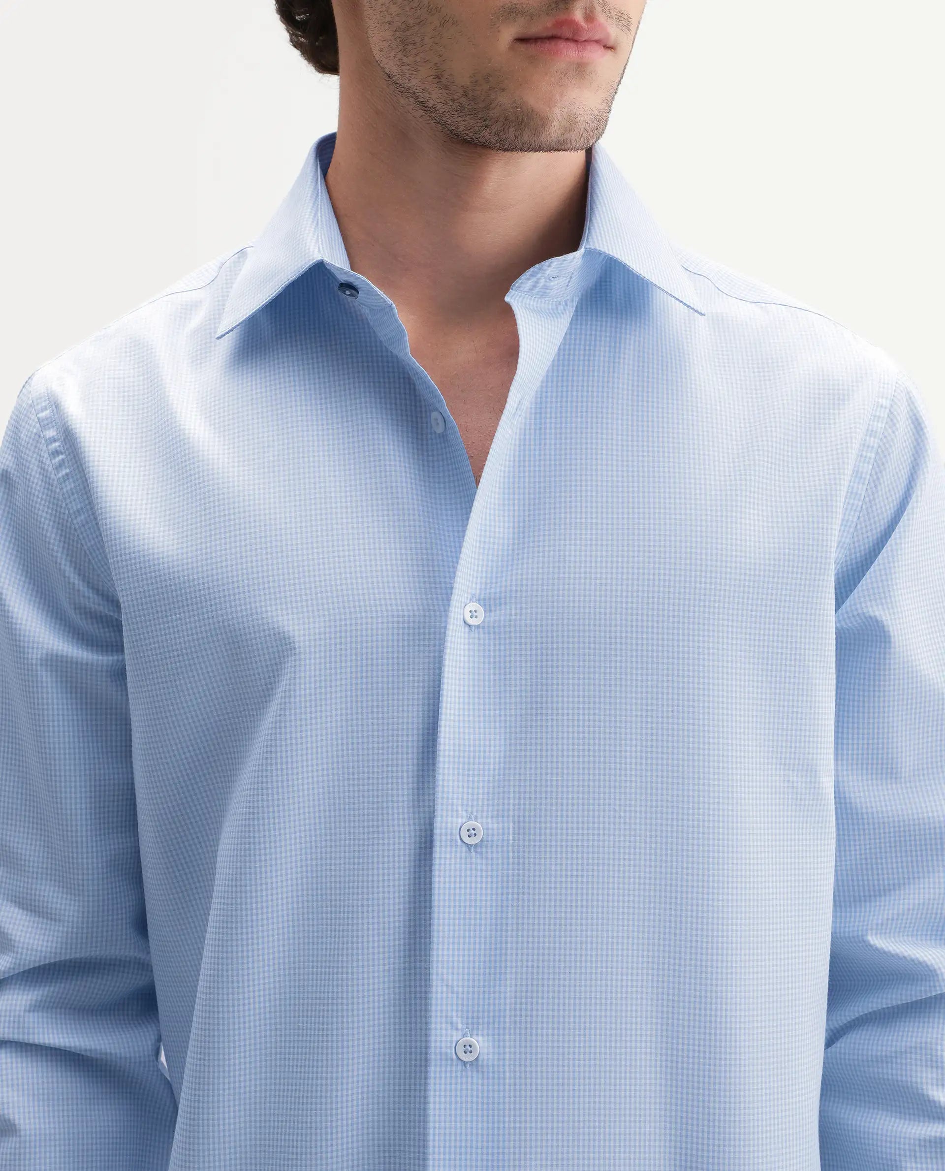 Rare Rabbit Men's Alyon Light Blue Polyester Blend Spread Collar Button Regular Checked Shirt