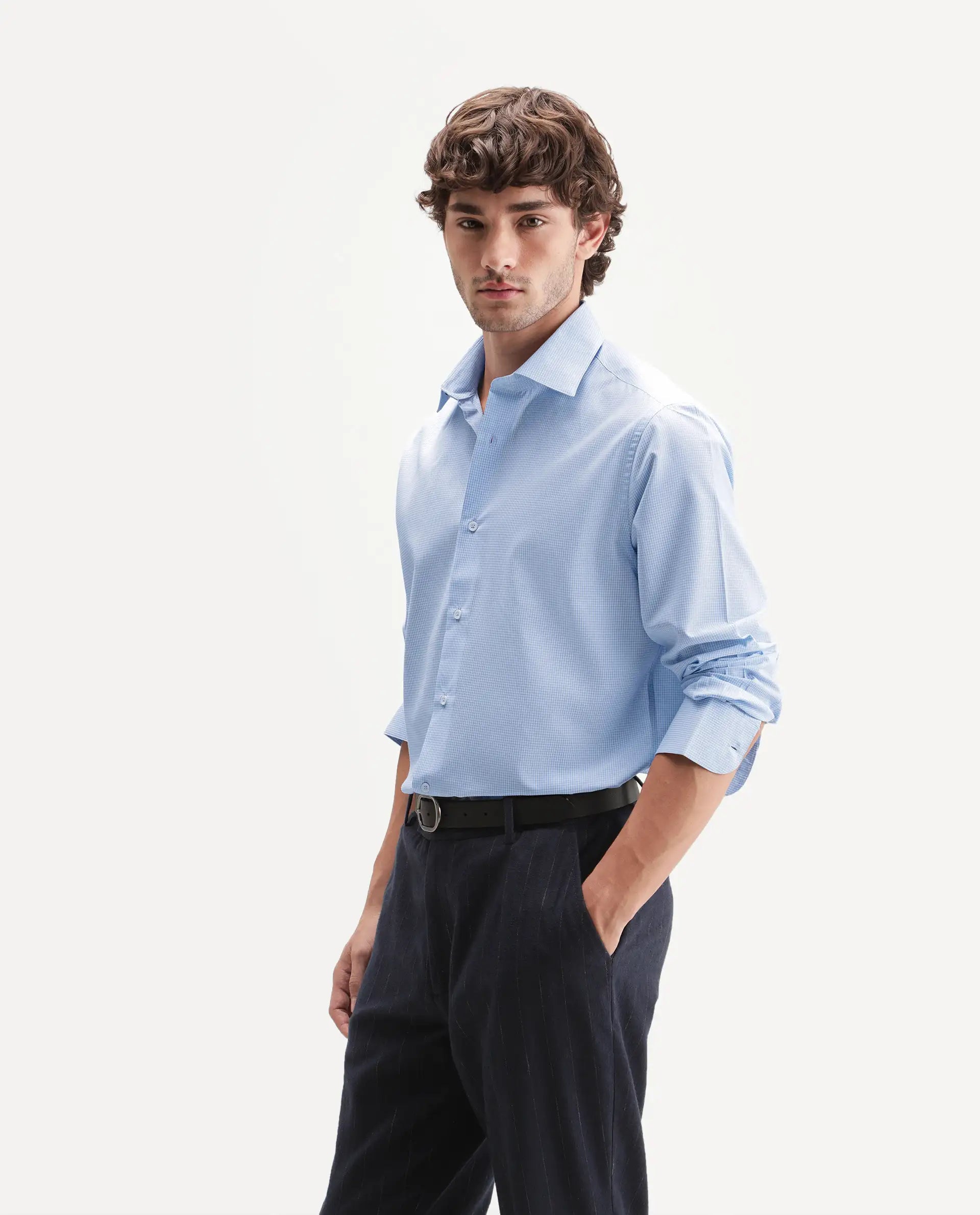 Rare Rabbit Men's Alyon Light Blue Polyester Blend Spread Collar Button Regular Checked Shirt