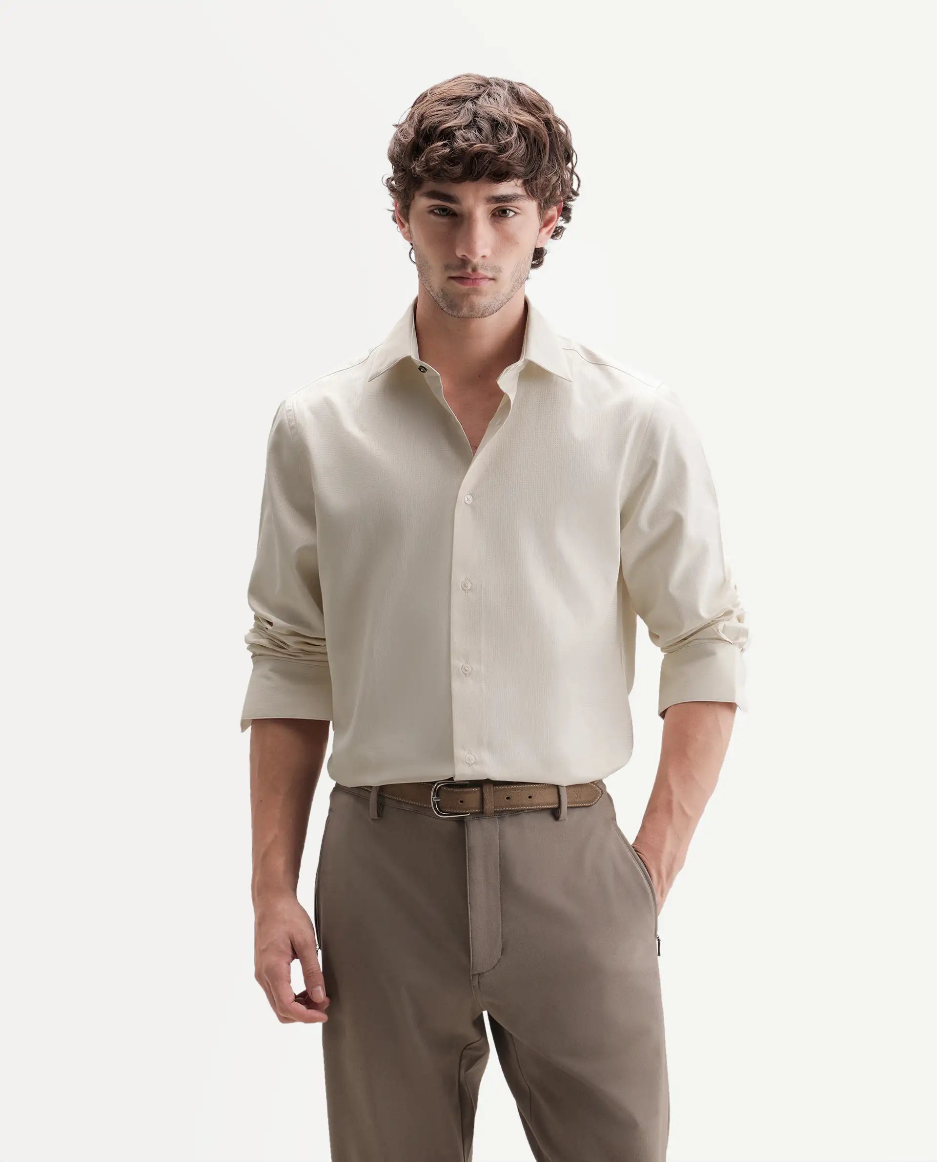 Rare Rabbit Men's Axyon Light Beige Polyester Blend Spread Collar Button Regular Checked Shirt
