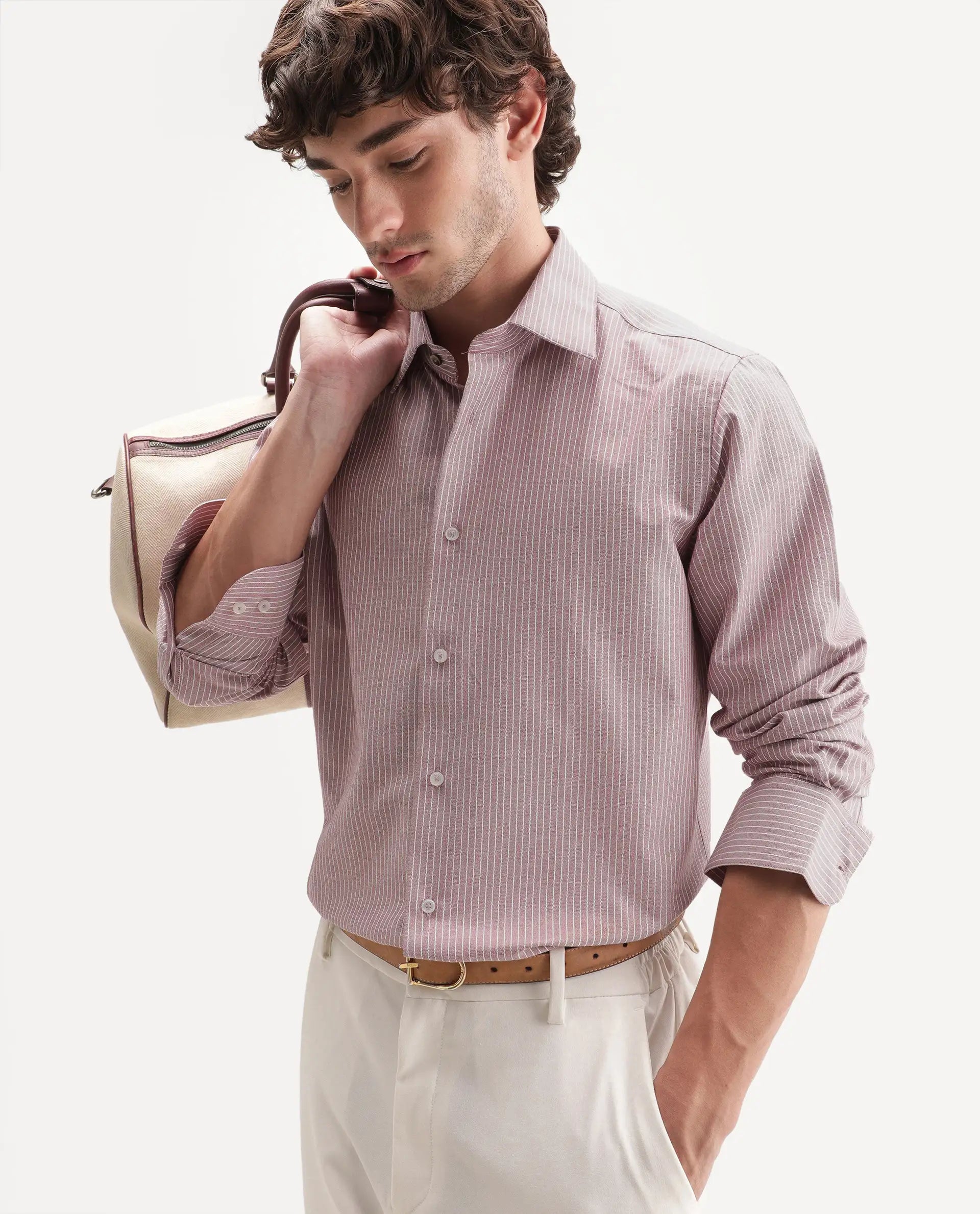 Rare Rabbit Men's Evaro Dusky Red Cotton Blend Spread Collar Button Regular Striped Shirt