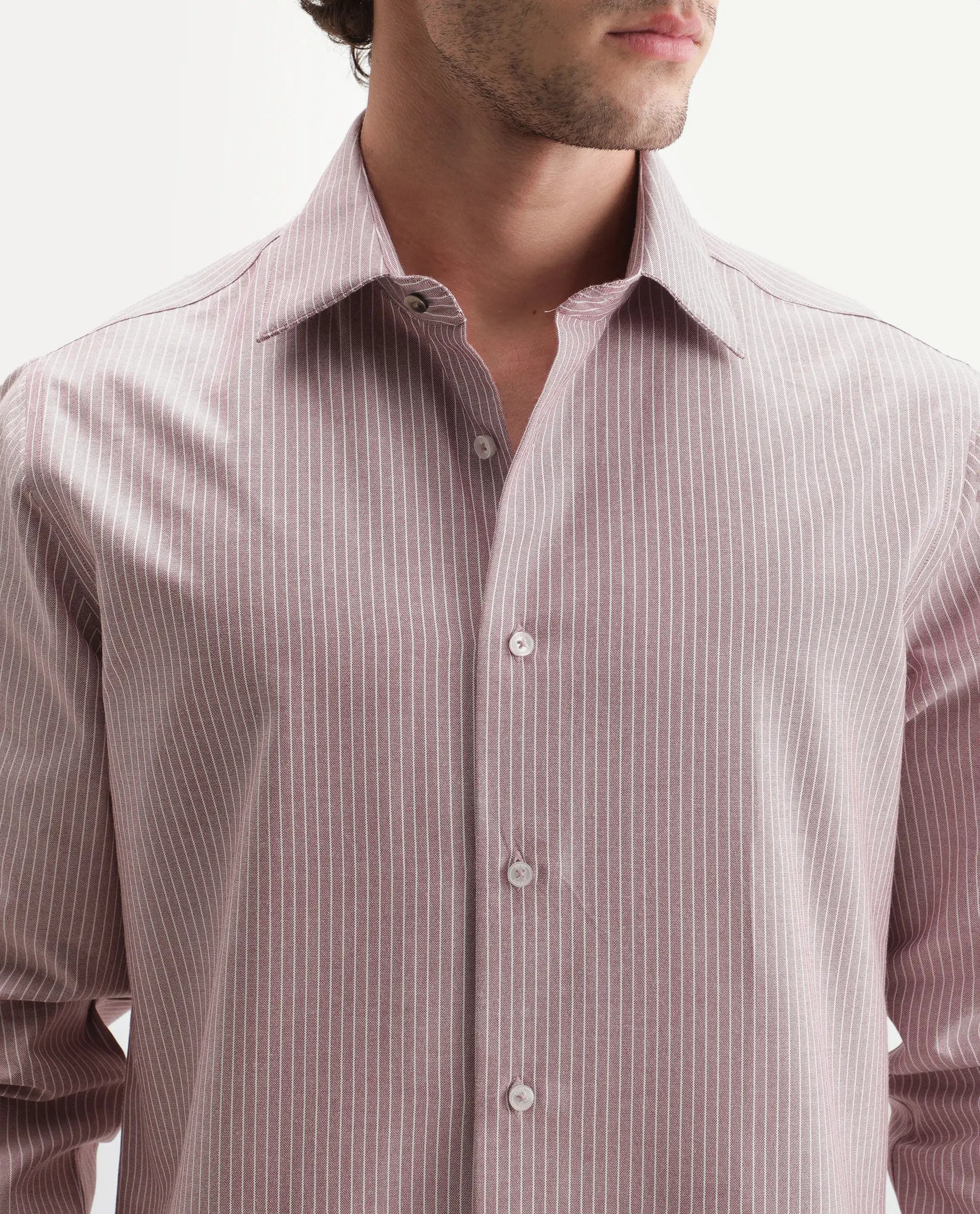 Rare Rabbit Men's Evaro Dusky Red Cotton Blend Spread Collar Button Regular Striped Shirt