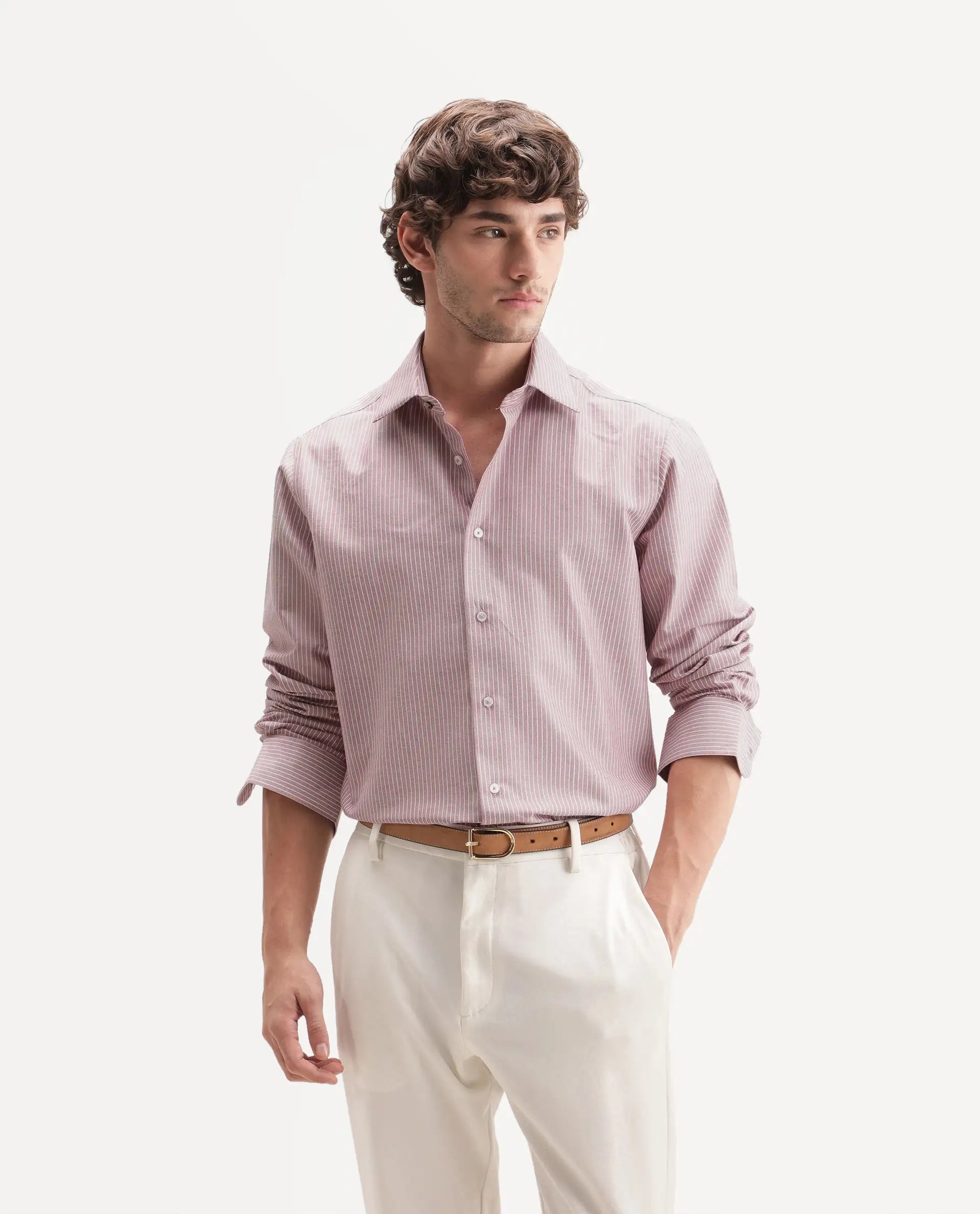 Rare Rabbit Men's Evaro Dusky Red Cotton Blend Spread Collar Button Regular Striped Shirt