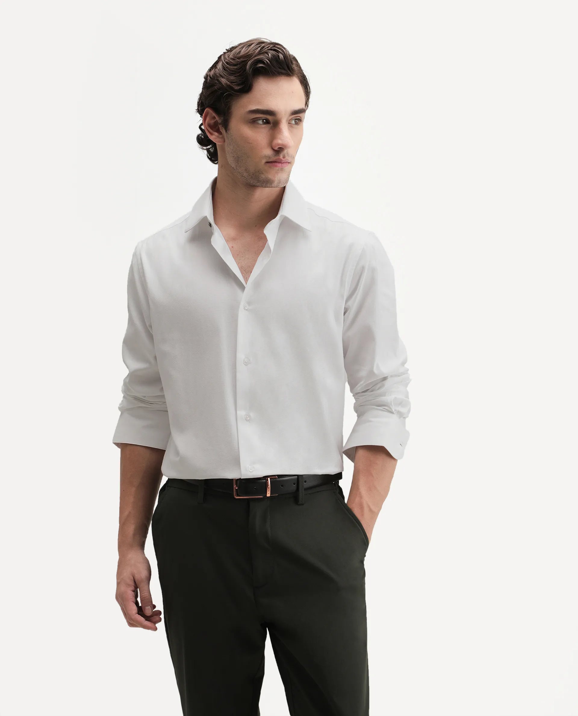 Rare Rabbit Men's Ervan Primary White Polyester Blend Spread Collar Button Regular Plain Shirt