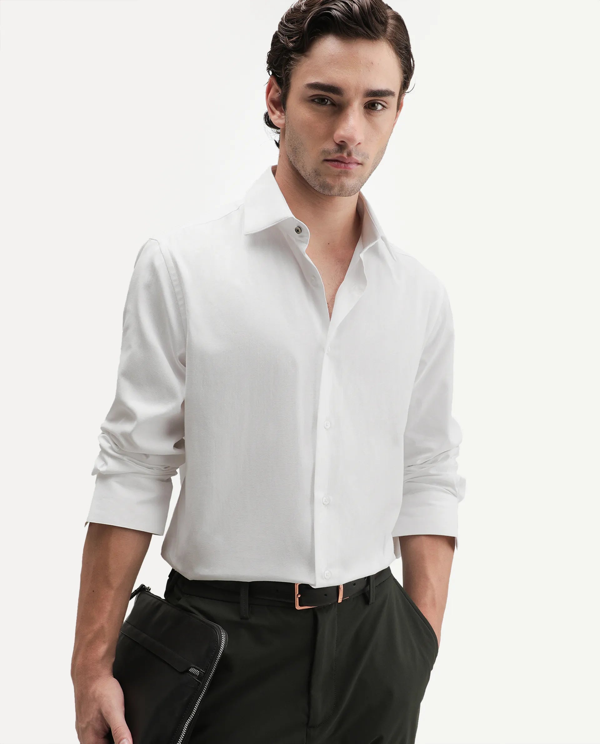 Rare Rabbit Men's Ervan Primary White Polyester Blend Spread Collar Button Regular Plain Shirt