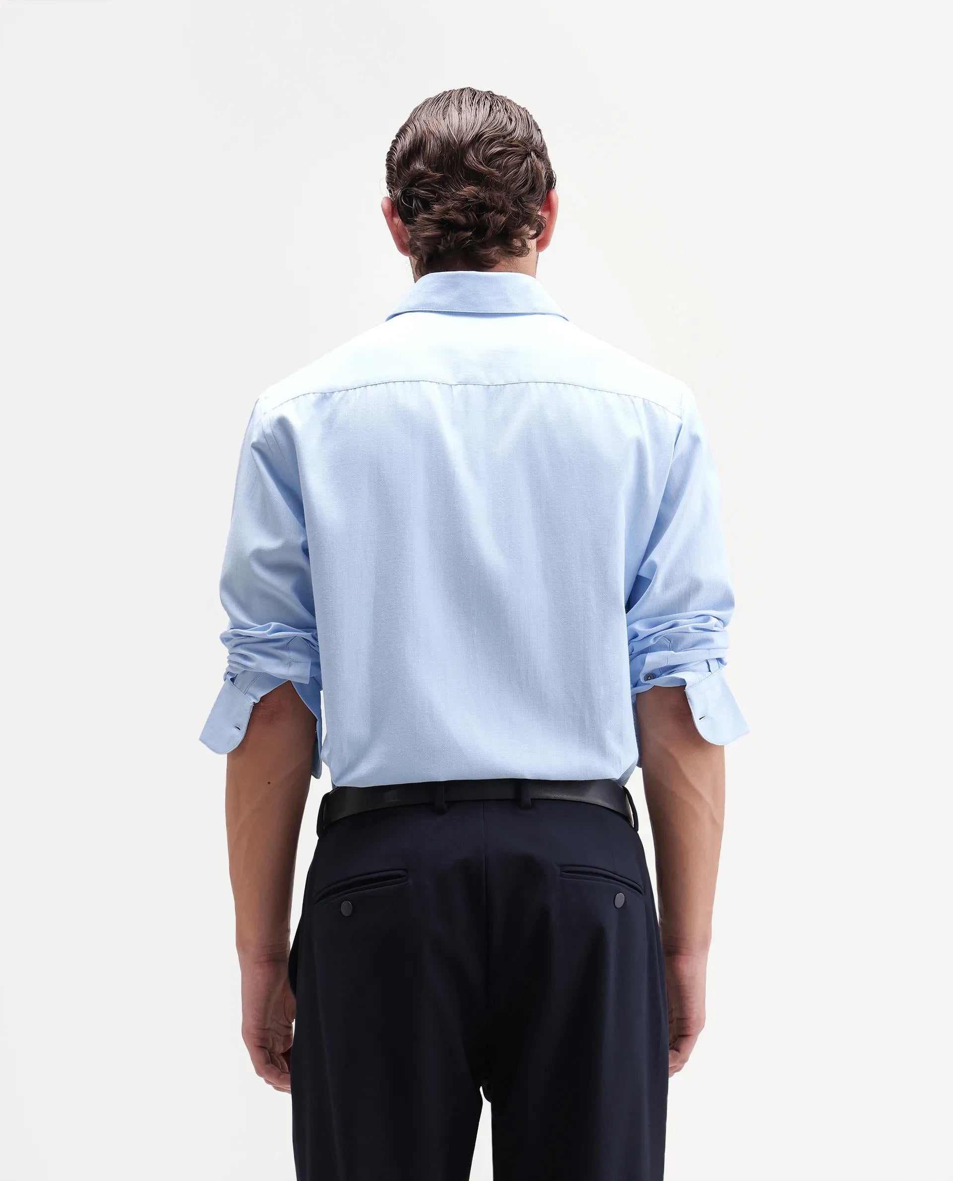 Rare Rabbit Men's Ervan Light Blue Polyester Blend Spread Collar Button Regular Plain Shirt