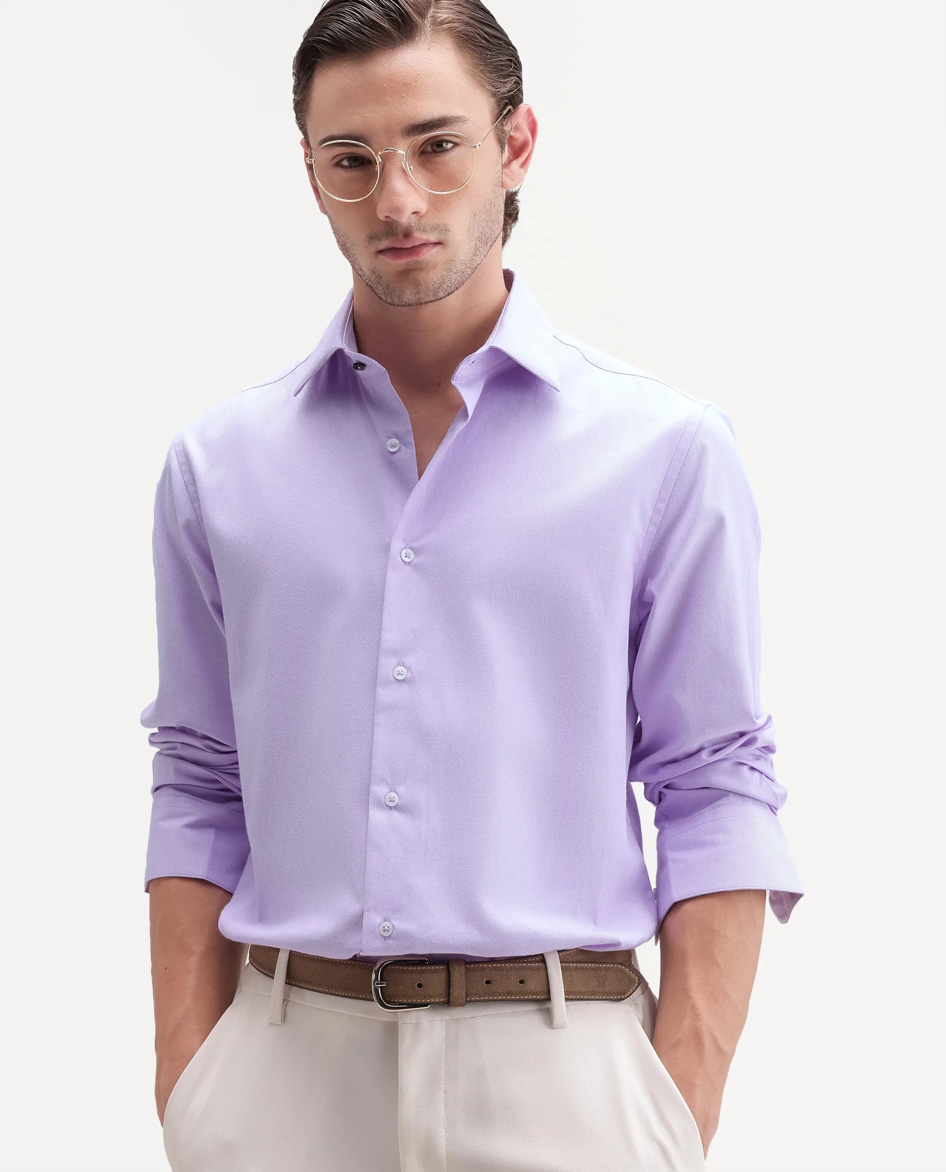 Rare Rabbit Men's Ervan Light Purple Polyester Blend Spread Collar Button Regular Plain Shirt