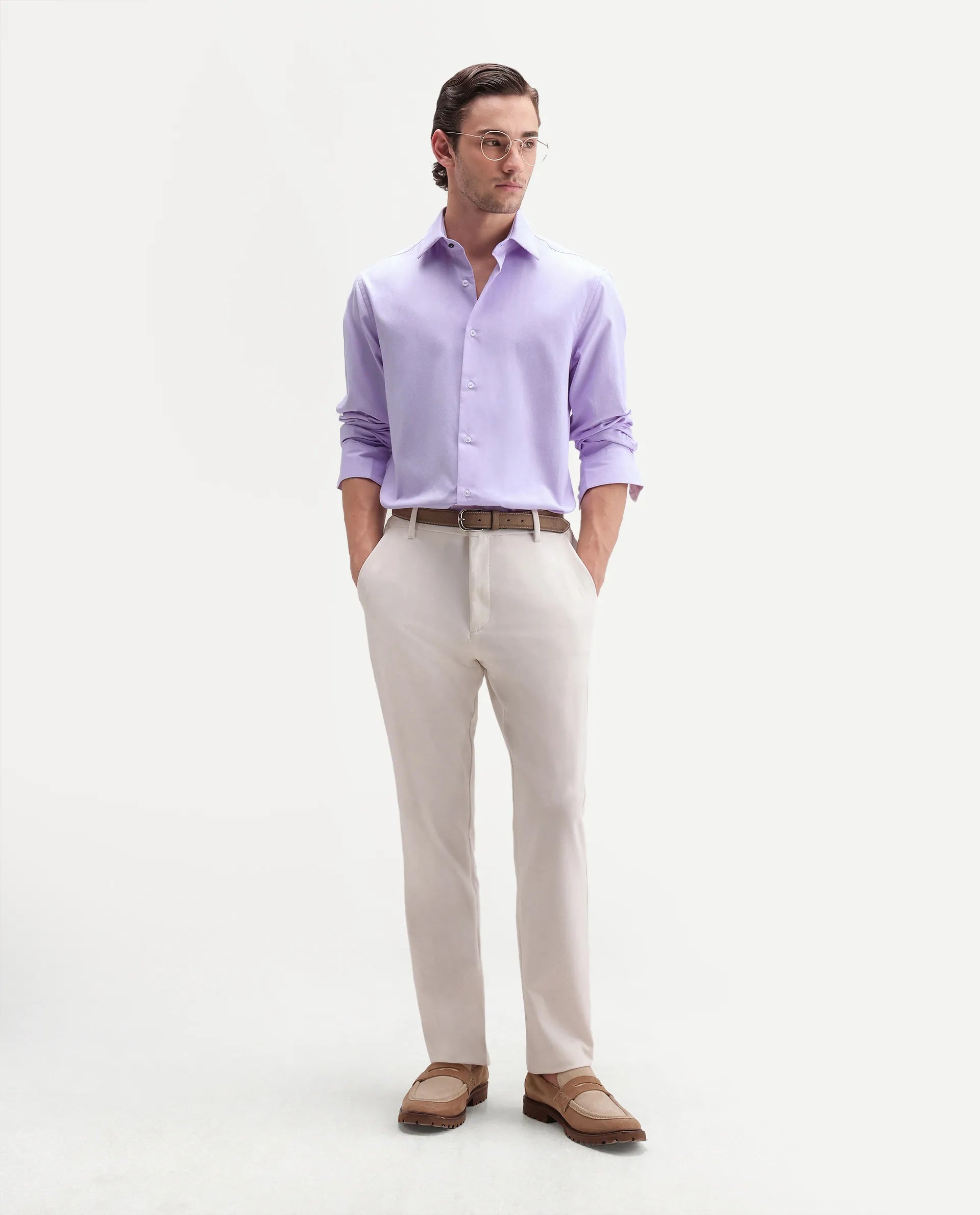 Rare Rabbit Men's Ervan Light Purple Polyester Blend Spread Collar Button Regular Plain Shirt