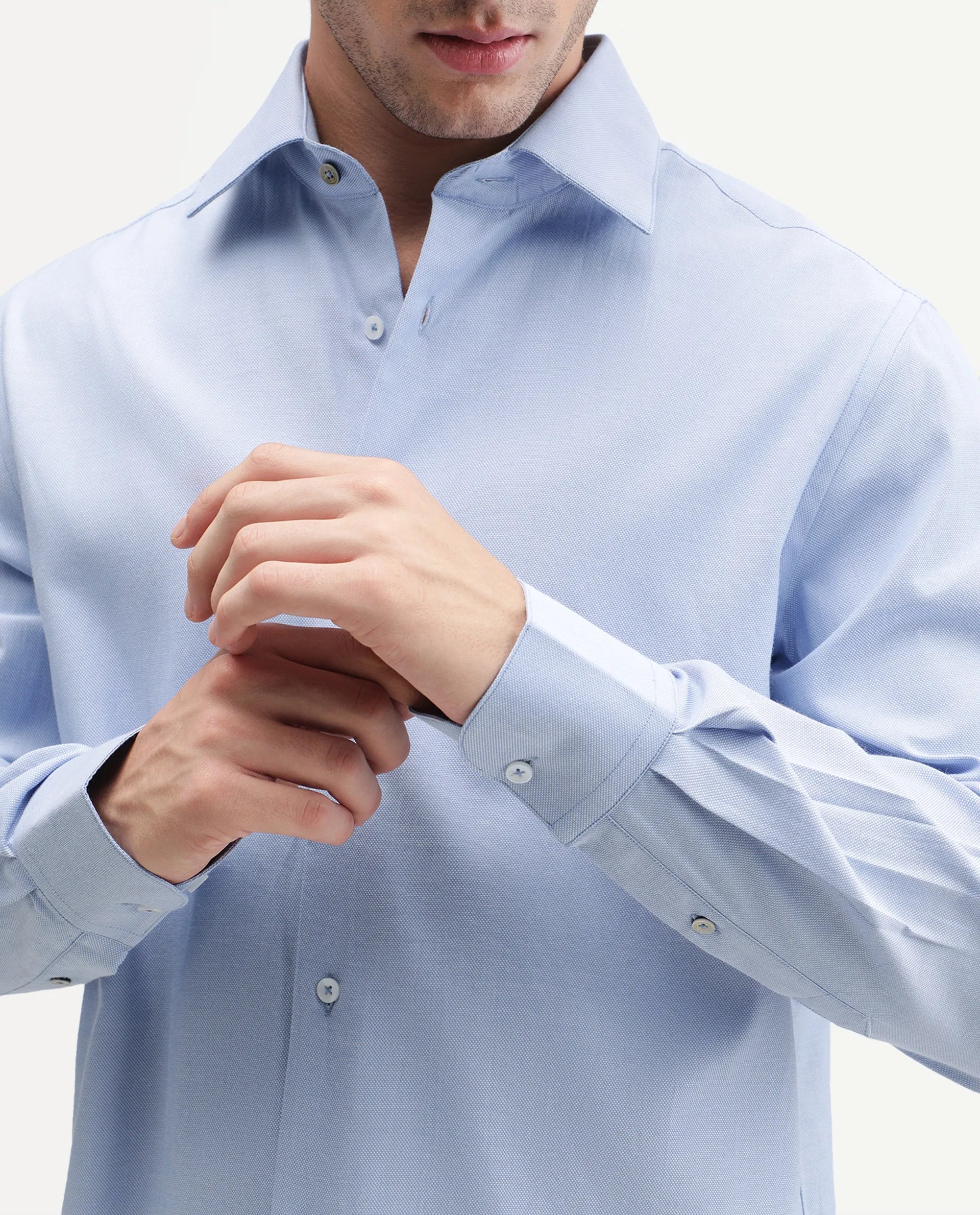 Rare Rabbit Men's Ervan Primary Blue Polyester Blend Spread Collar Button Regular Plain Shirt