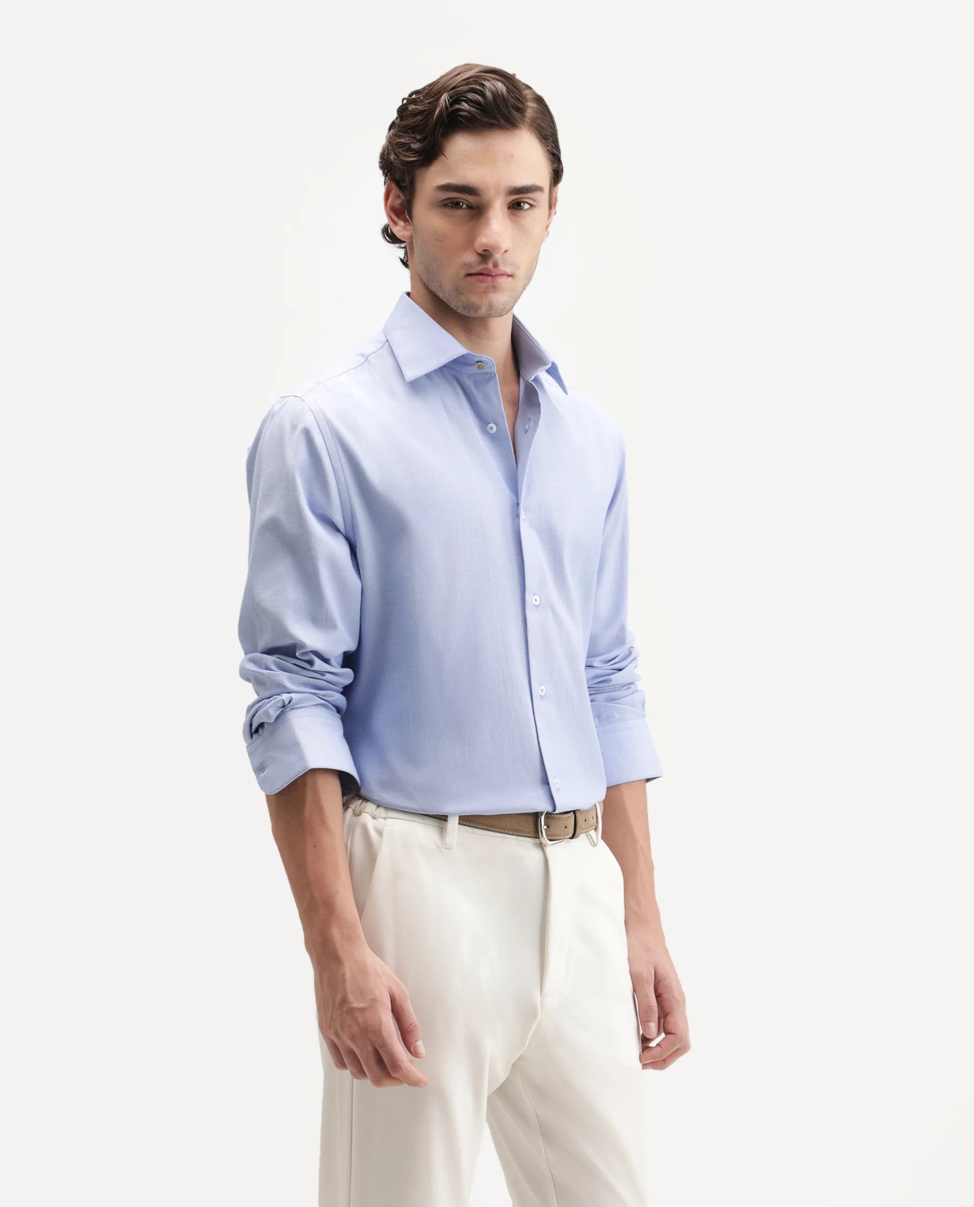 Rare Rabbit Men's Ervan Primary Blue Polyester Blend Spread Collar Button Regular Plain Shirt