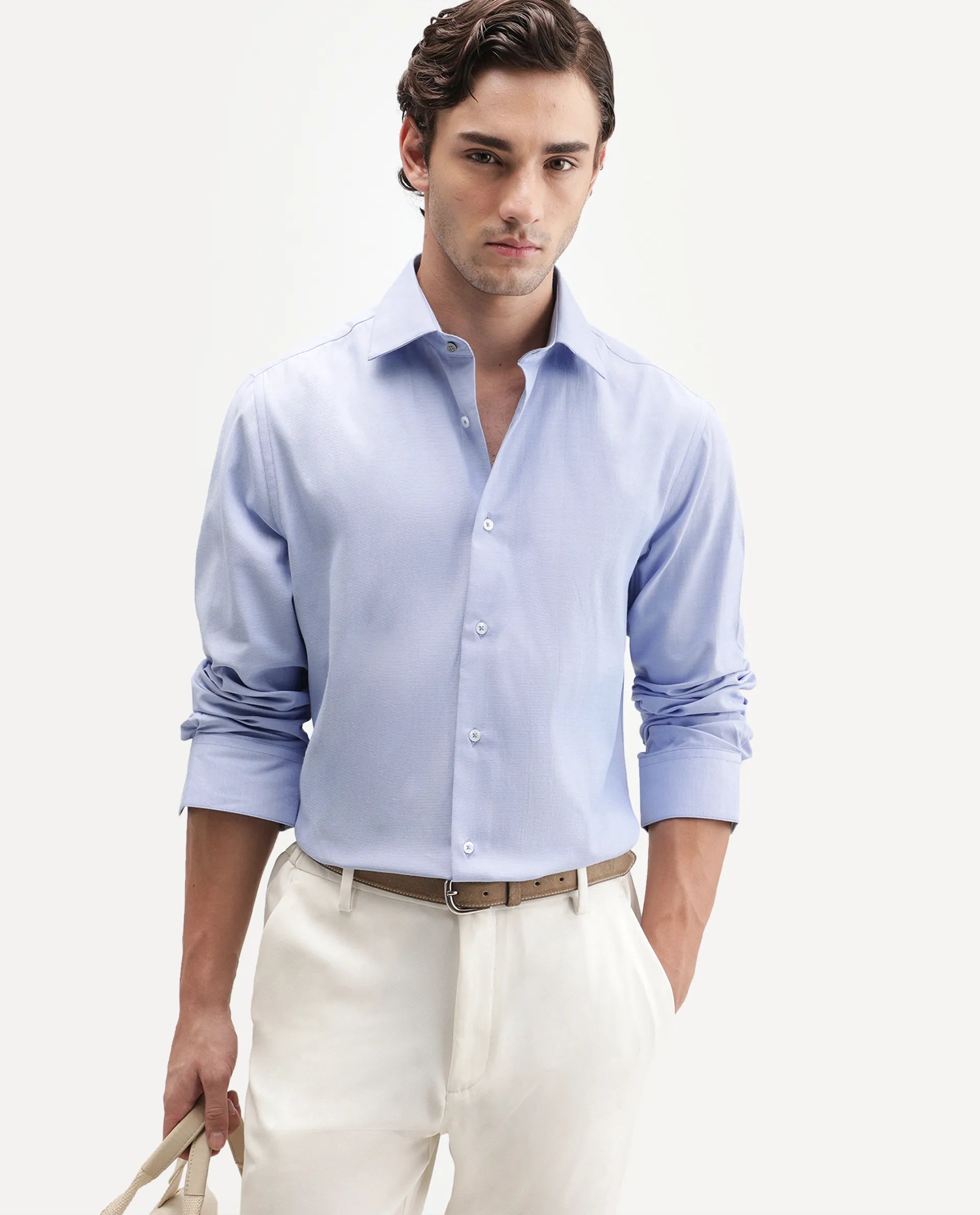 Rare Rabbit Men's Ervan Primary Blue Polyester Blend Spread Collar Button Regular Plain Shirt