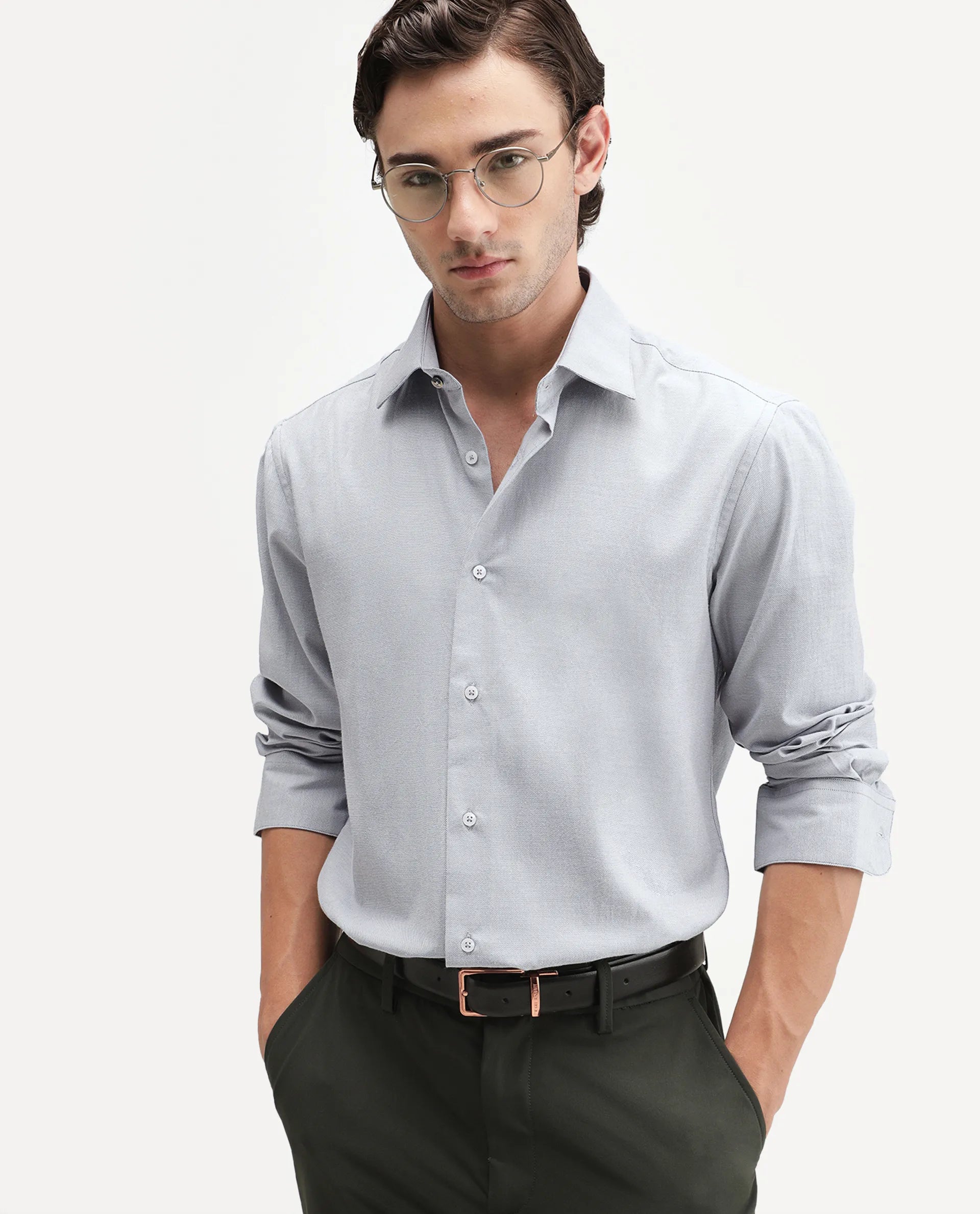 Rare Rabbit Men's Ervan Light Grey Polyester Blend Spread Collar Button Regular Plain Shirt