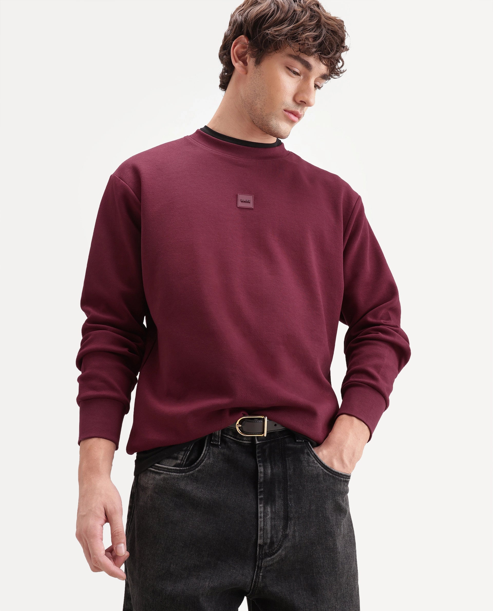Rare Rabbit Men's Badgez Dusky Red Cotton Blend Crew Neck Regular Plain Sweatshirt