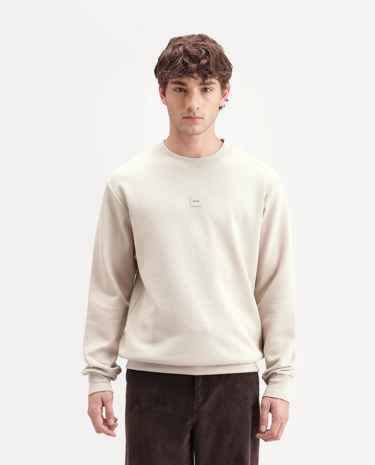 Rare Rabbit Men's Badgez Beige Cotton Blend Crew Neck Regular Plain Sweatshirt