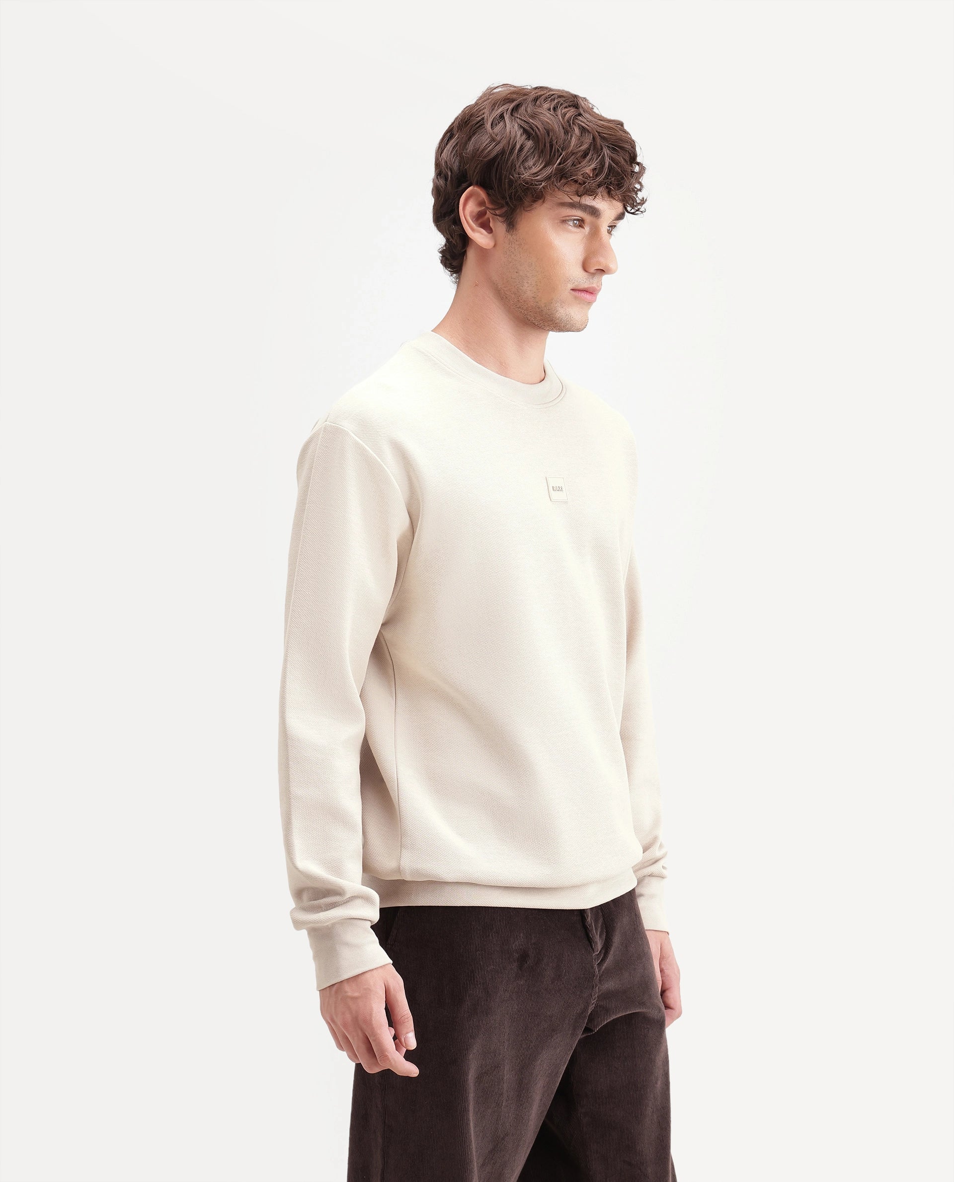 Rare Rabbit Men's Badgez Beige Cotton Blend Crew Neck Regular Plain Sweatshirt