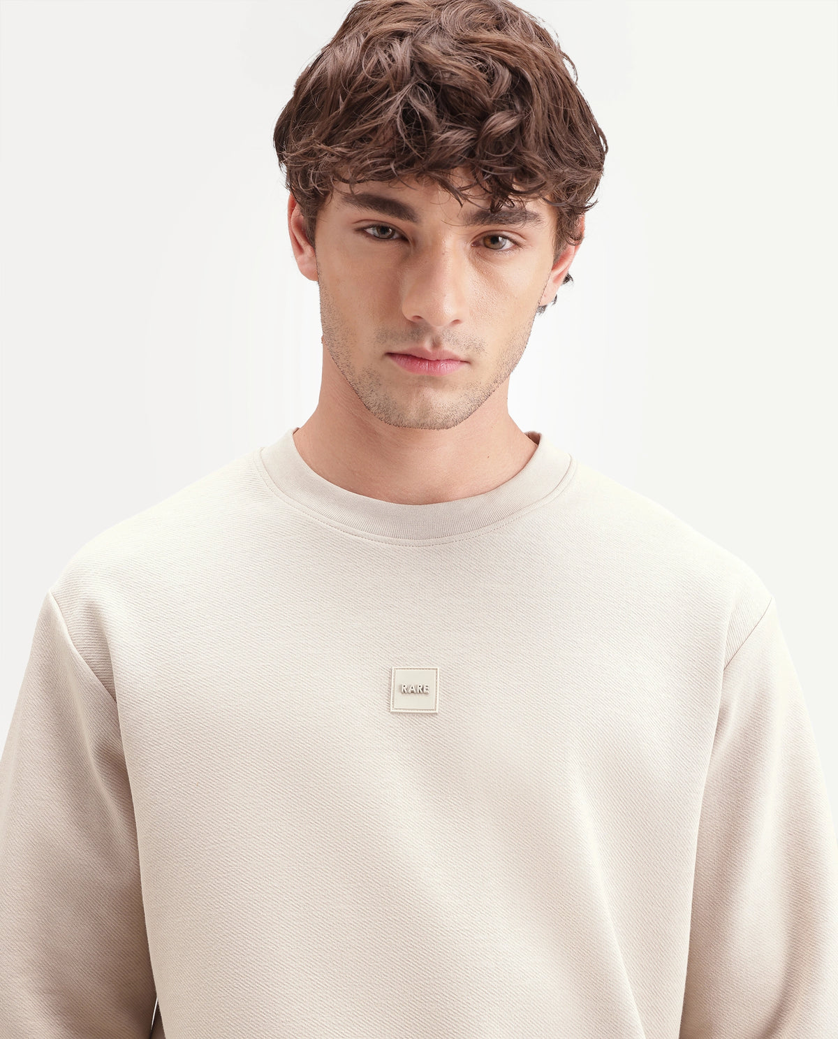 Rare Rabbit Men's Badgez Beige Cotton Blend Crew Neck Regular Plain Sweatshirt