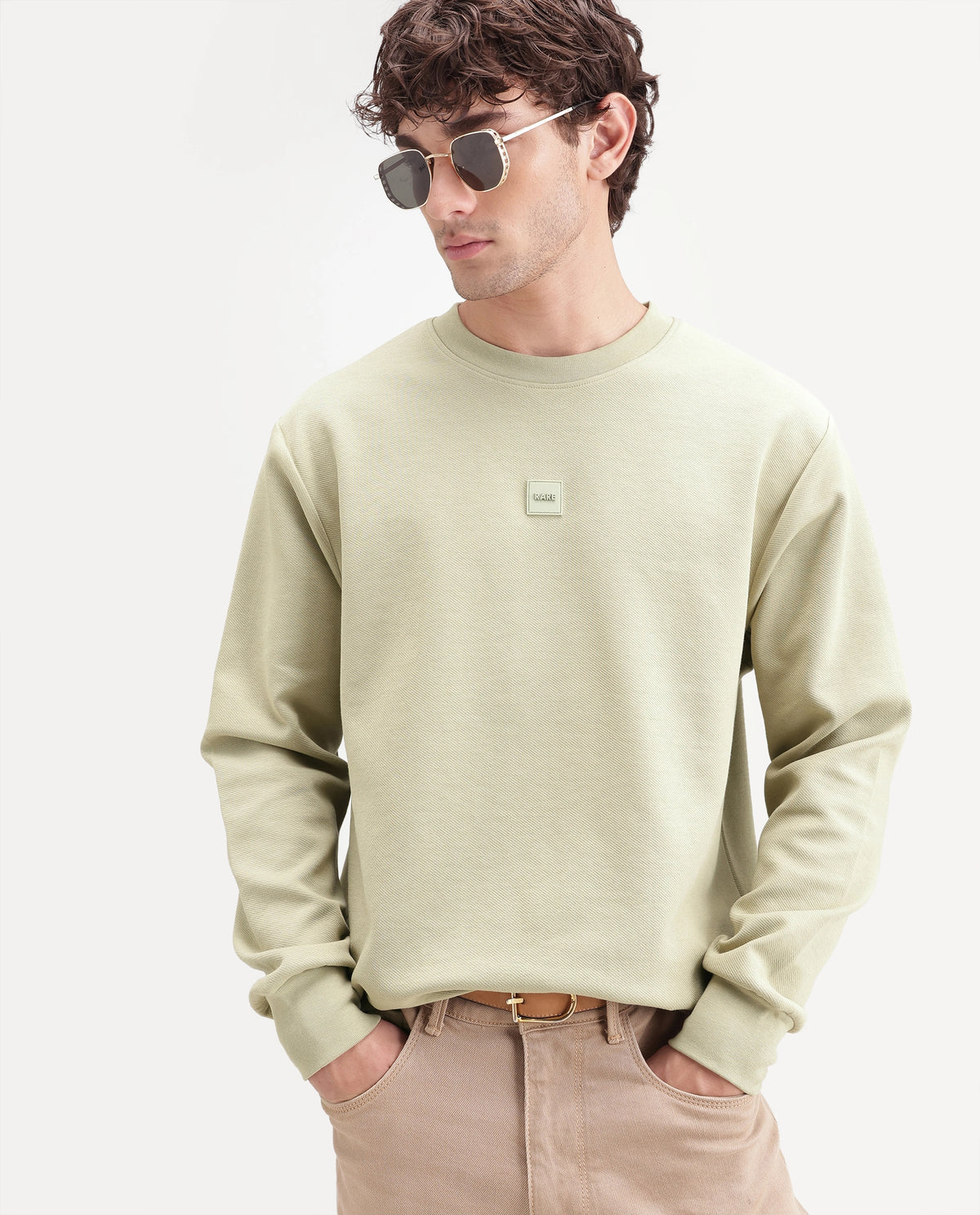 Rare Rabbit Men's Badgez Light Green Cotton Blend Crew Neck Regular Plain Sweatshirt