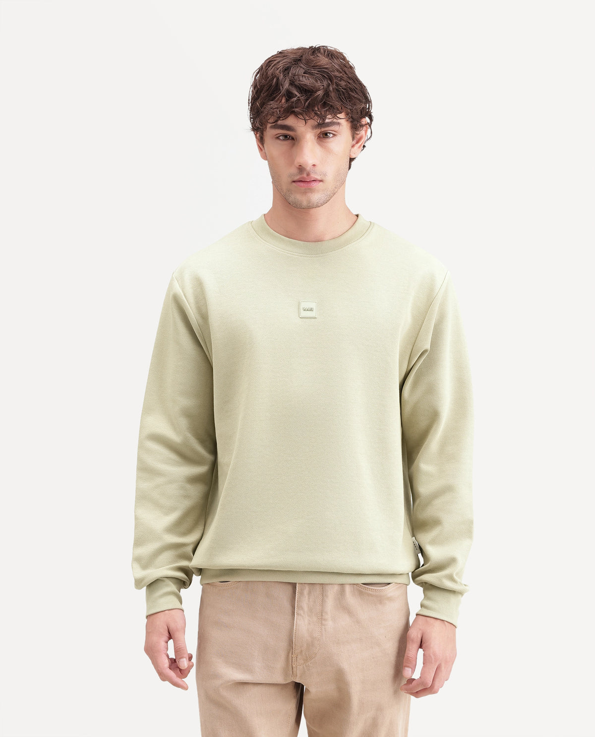 Rare Rabbit Men's Badgez Light Green Cotton Blend Crew Neck Regular Plain Sweatshirt