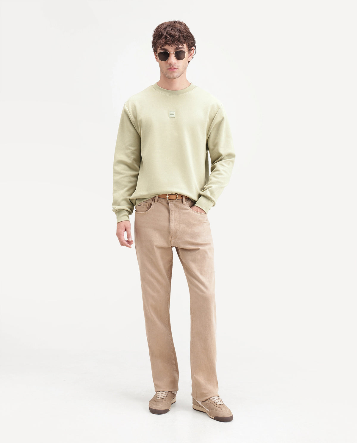 Rare Rabbit Men's Badgez Light Green Cotton Blend Crew Neck Regular Plain Sweatshirt