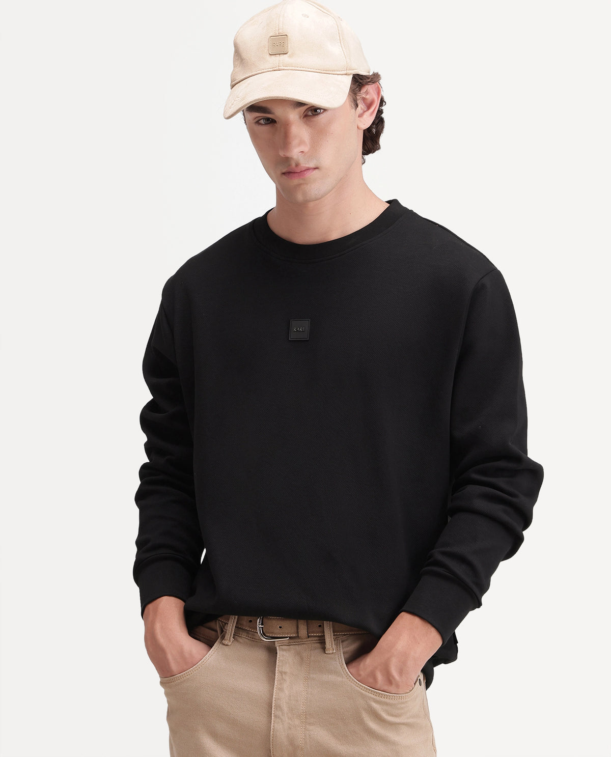 Rare Rabbit Men's Badgez Black Cotton Blend Crew Neck Regular Plain Sweatshirt