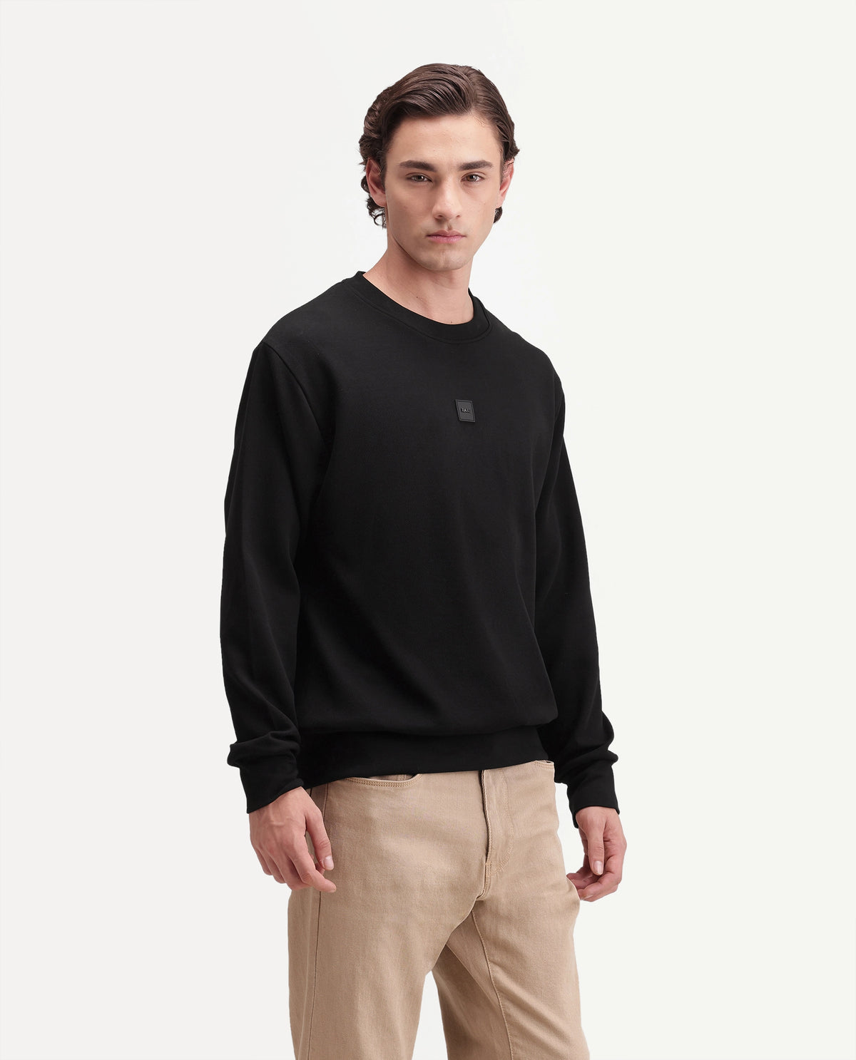 Rare Rabbit Men's Badgez Black Cotton Blend Crew Neck Regular Plain Sweatshirt