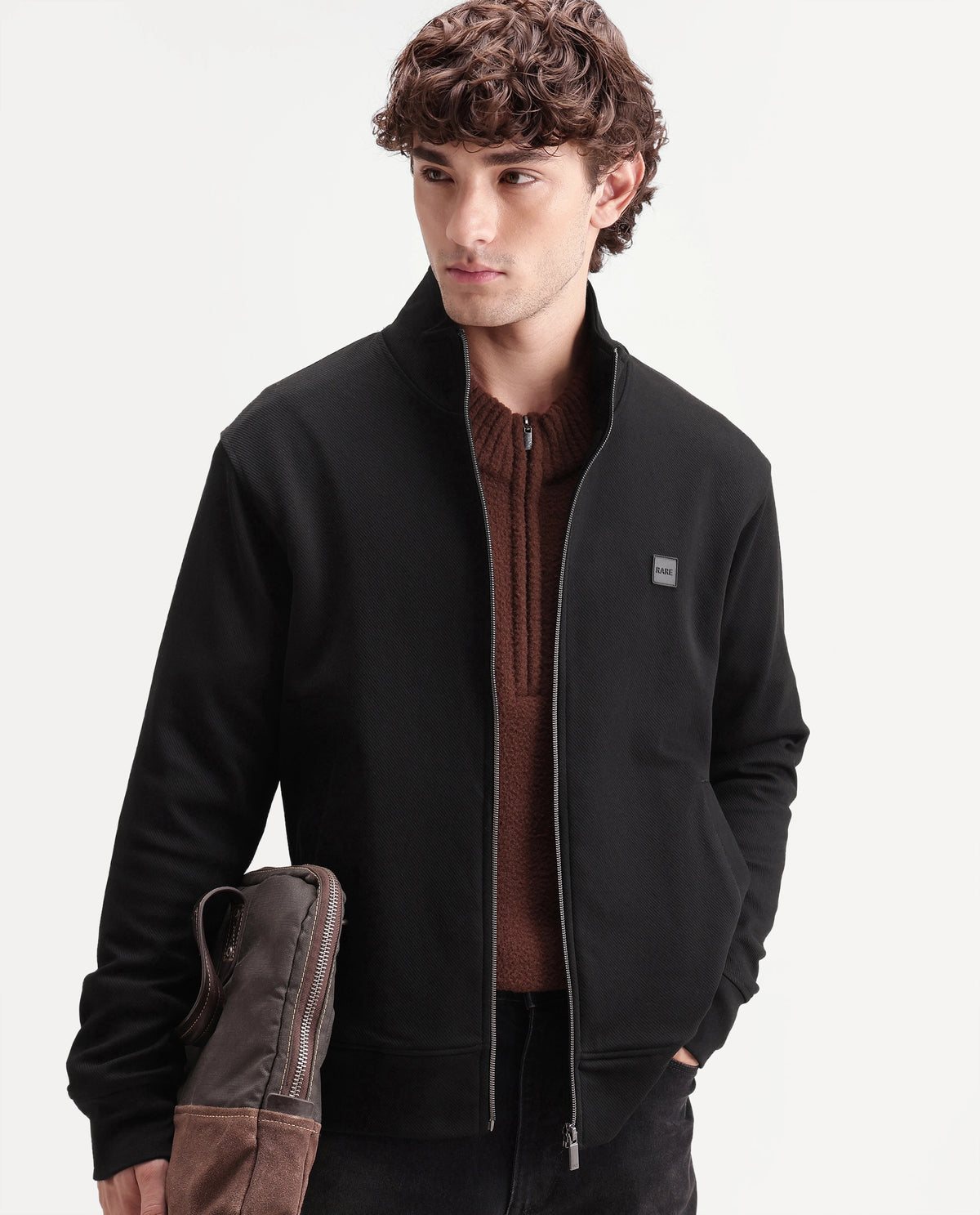 Rare Rabbit Men's Costo-J-A26 Black Cotton Blend High Neck Regular Plain Sweatshirt