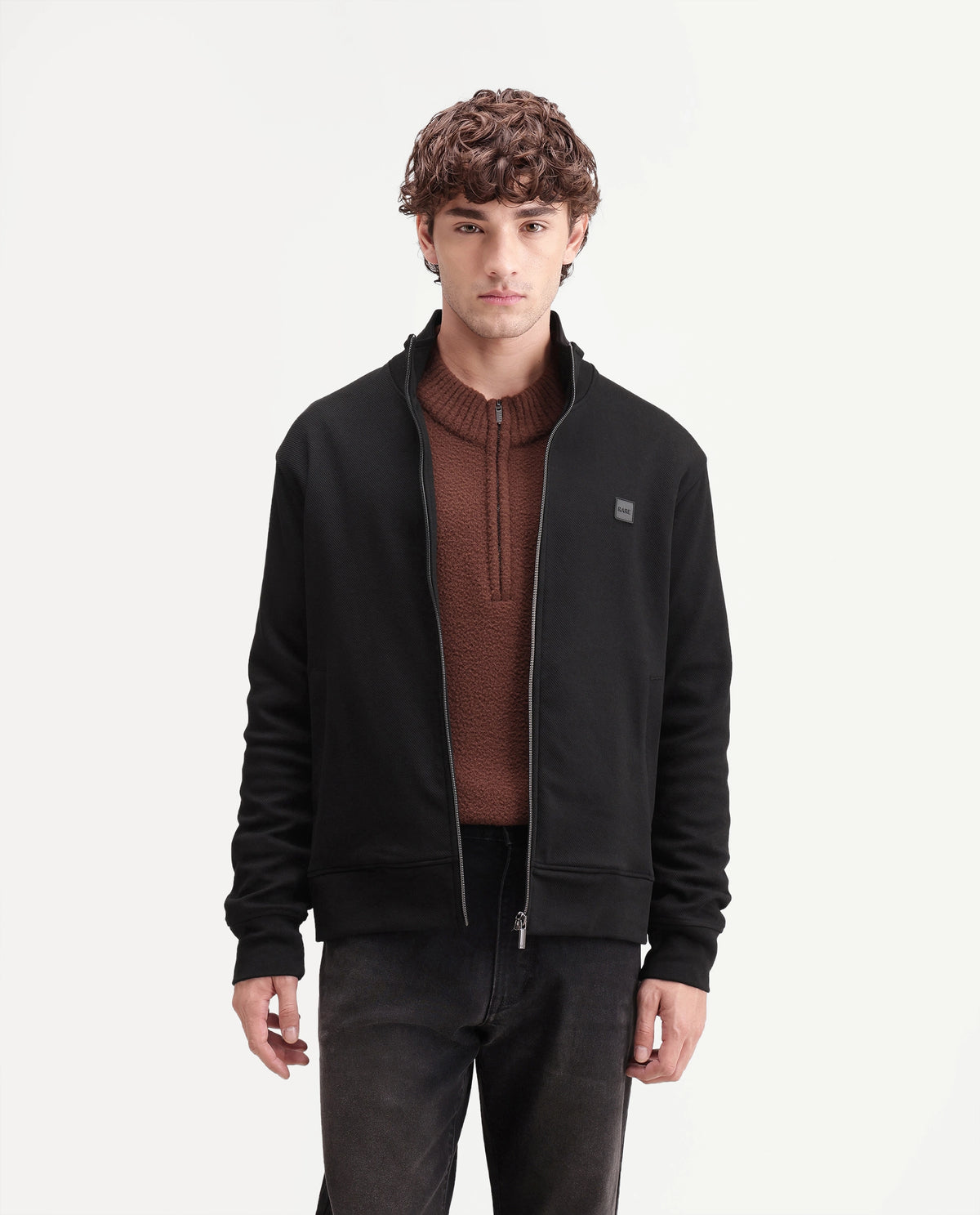 Rare Rabbit Men's Costo-J-A26 Black Cotton Blend High Neck Regular Plain Sweatshirt