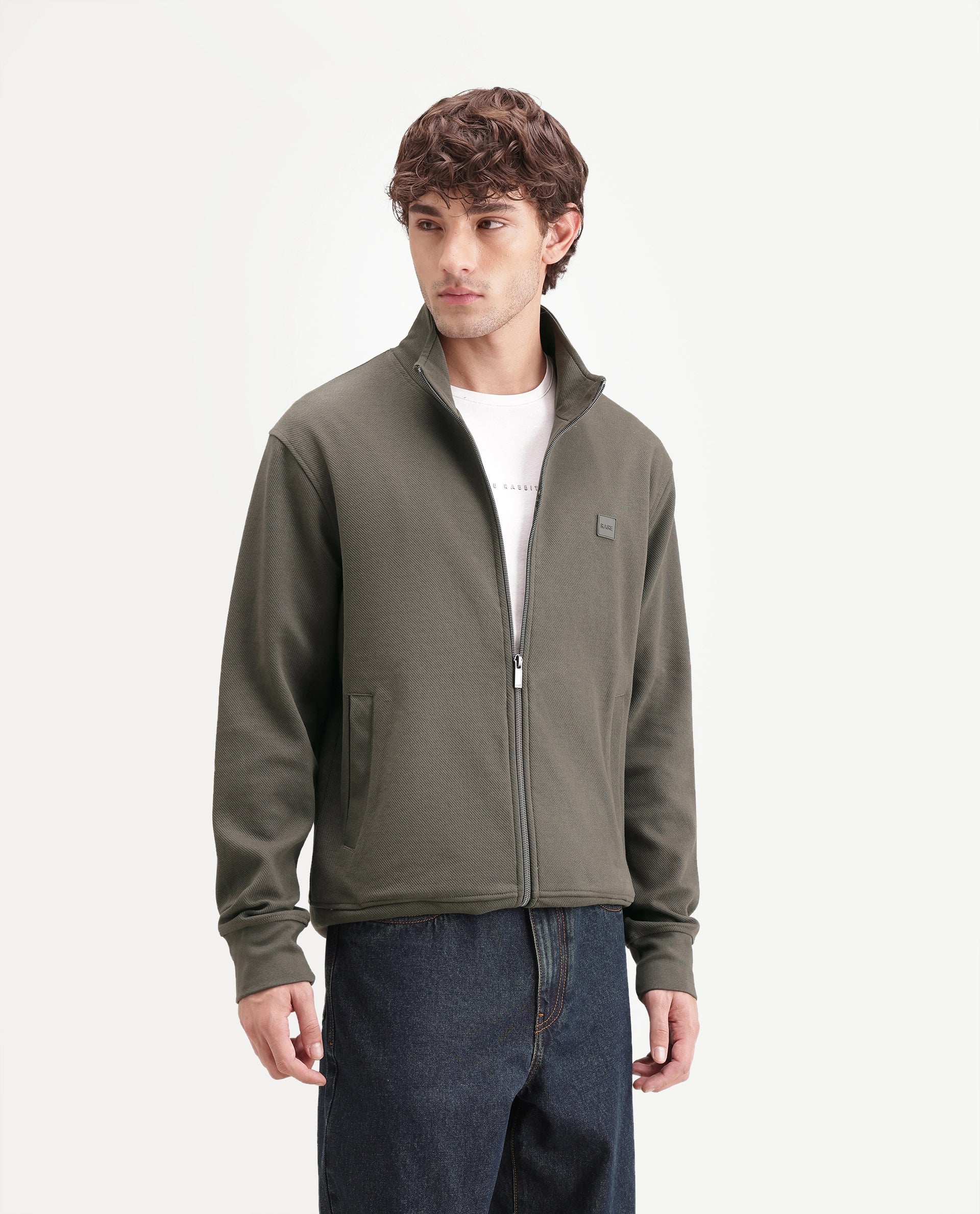 Rare Rabbit Men's Costo-J-A26 Olive Cotton Blend High Neck Regular Plain Sweatshirt