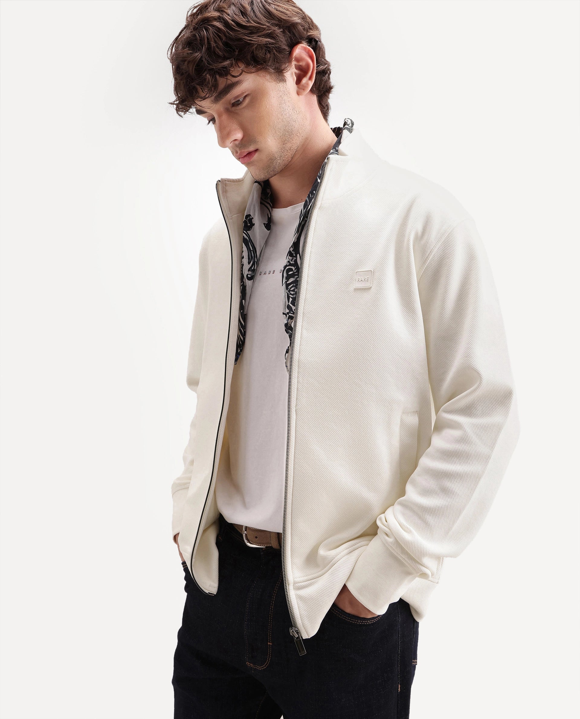 Rare Rabbit Men's Costo-J-A26 Off White Cotton Blend High Neck Regular Plain Sweatshirt