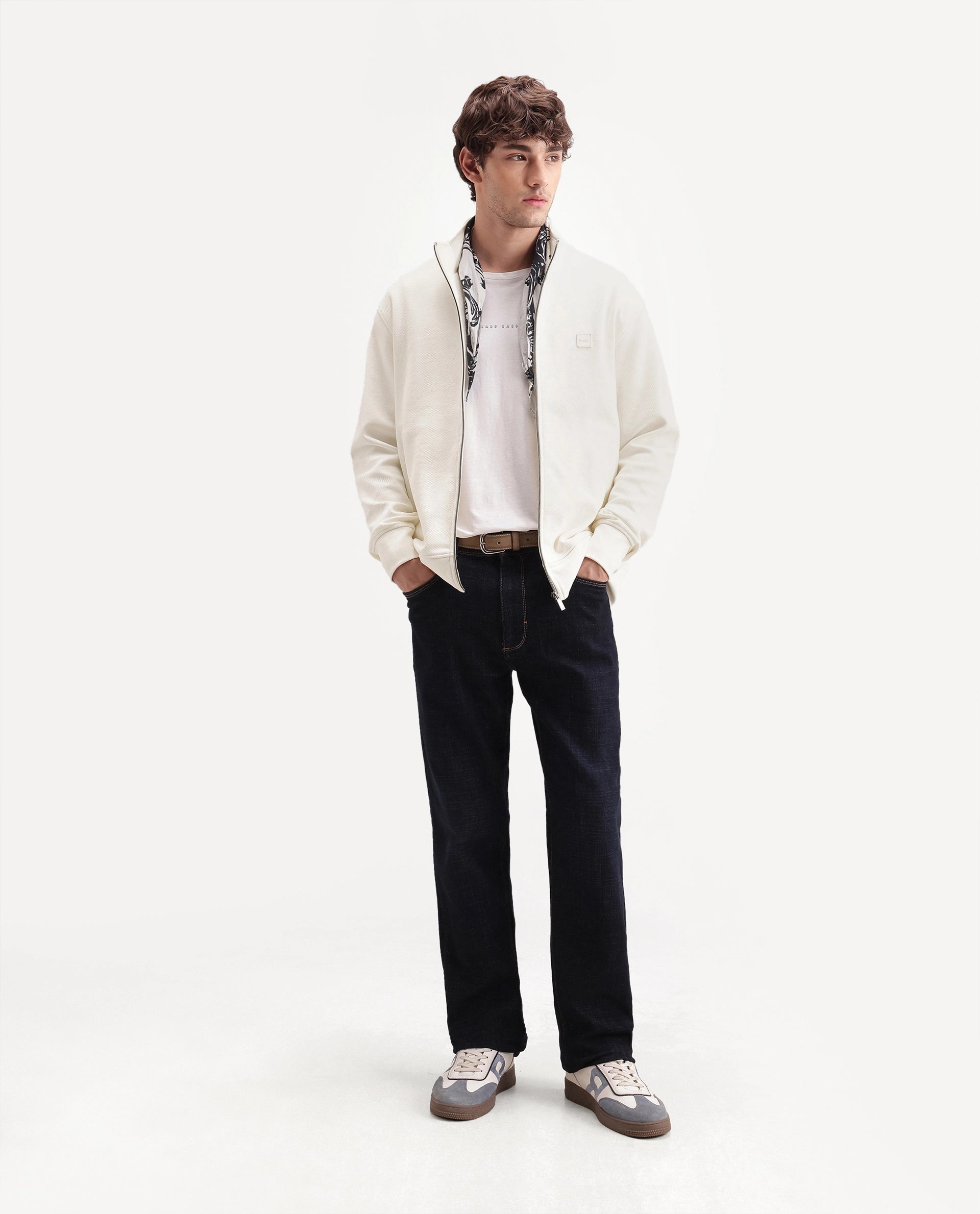 Rare Rabbit Men's Costo-J-A26 Off White Cotton Blend High Neck Regular Plain Sweatshirt