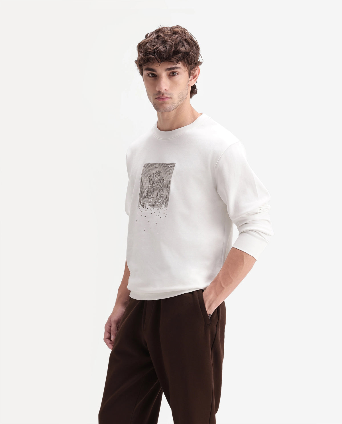 Rare Rabbit Men's Pal Off White Cotton Blend Crew Neck Regular Monogram Sweatshirt