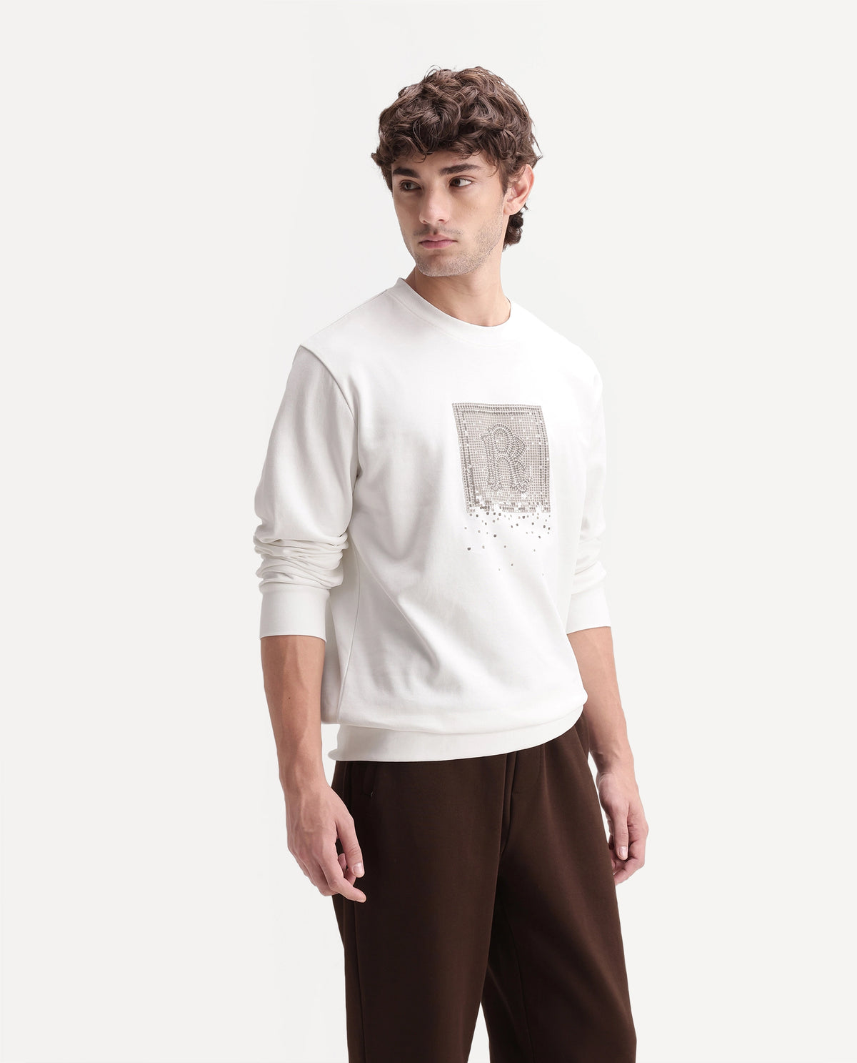 Rare Rabbit Men's Pal Off White Cotton Blend Crew Neck Regular Monogram Sweatshirt