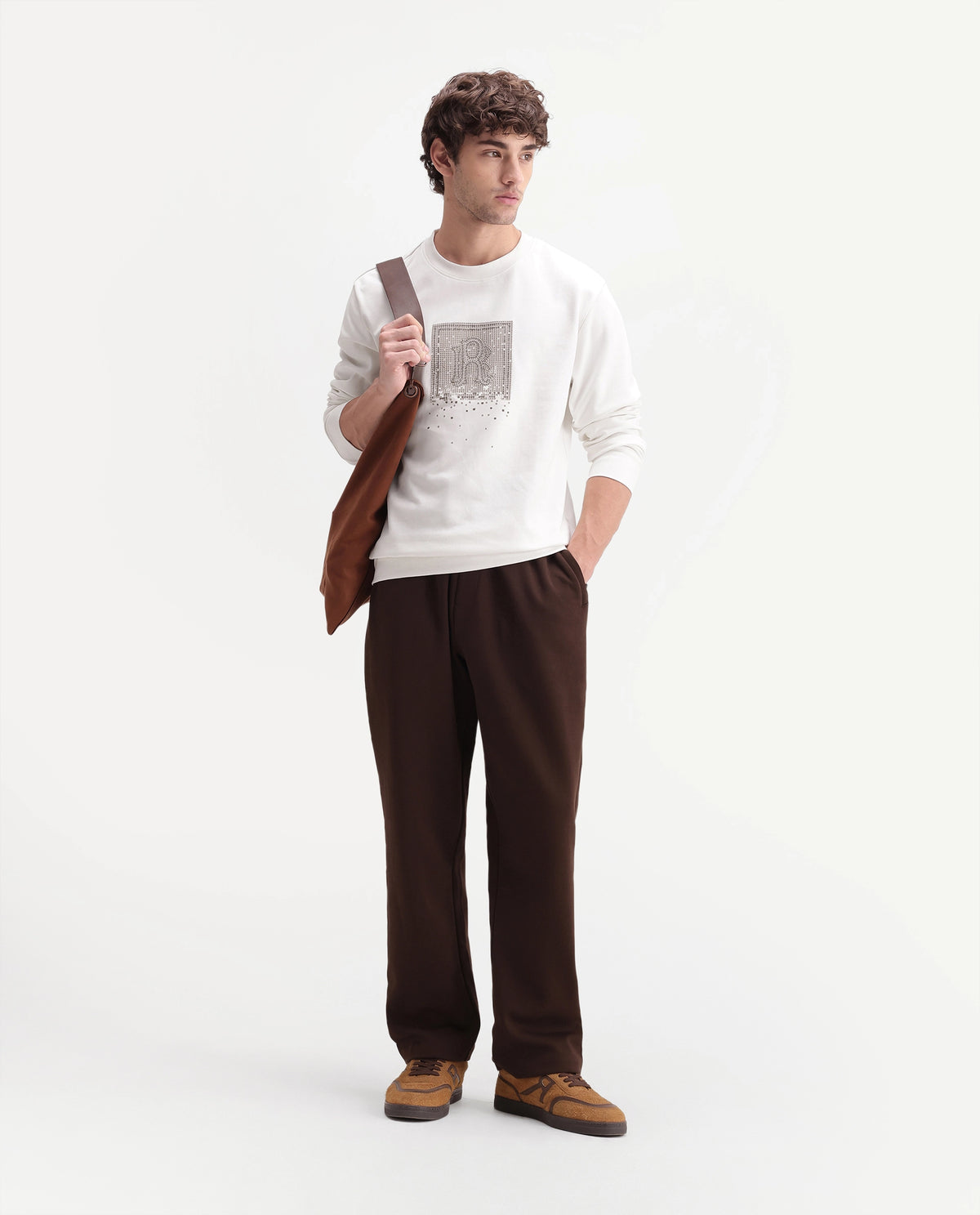 Rare Rabbit Men's Pal Off White Cotton Blend Crew Neck Regular Monogram Sweatshirt