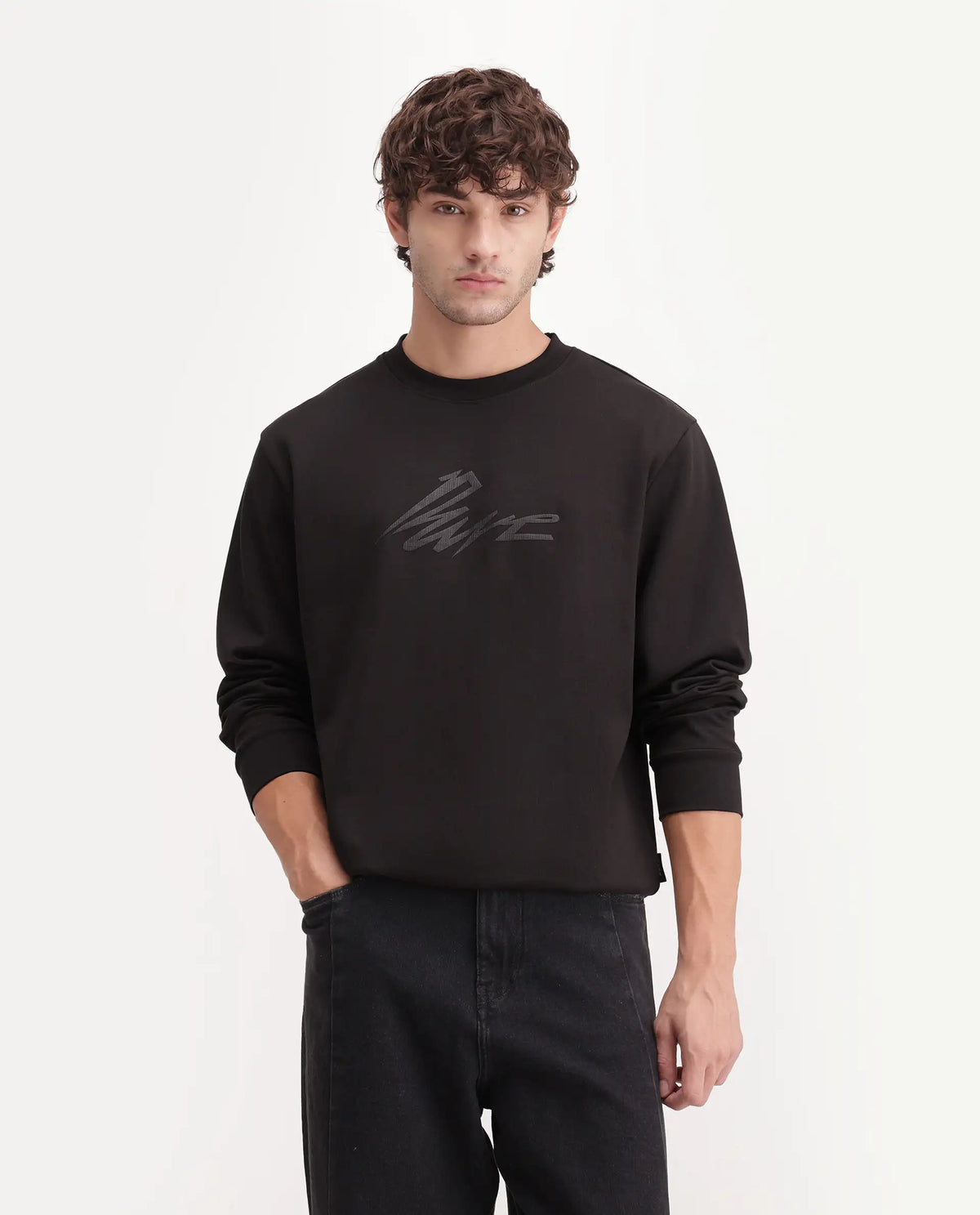 Rare Rabbit Men's Palmi Dark Brown Cotton Blend Crew Neck Regular Graphic Print Sweatshirt