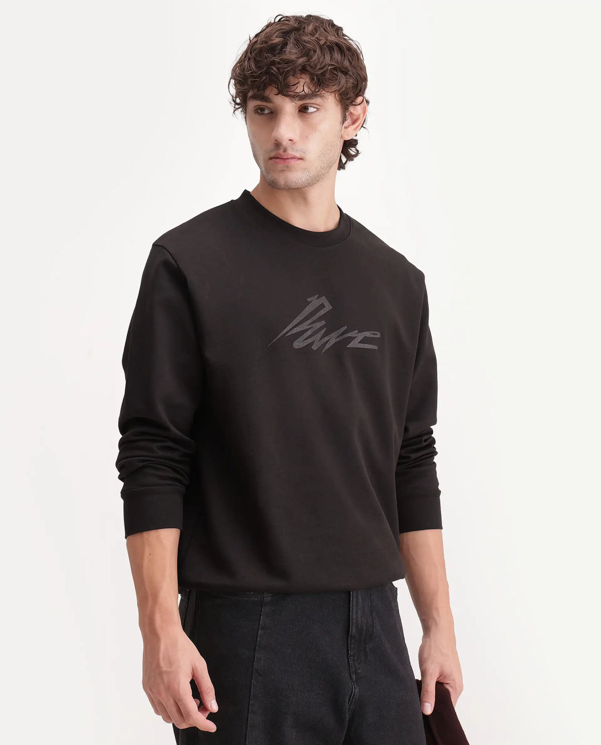 Rare Rabbit Men's Palmi Dark Brown Cotton Blend Crew Neck Regular Graphic Print Sweatshirt