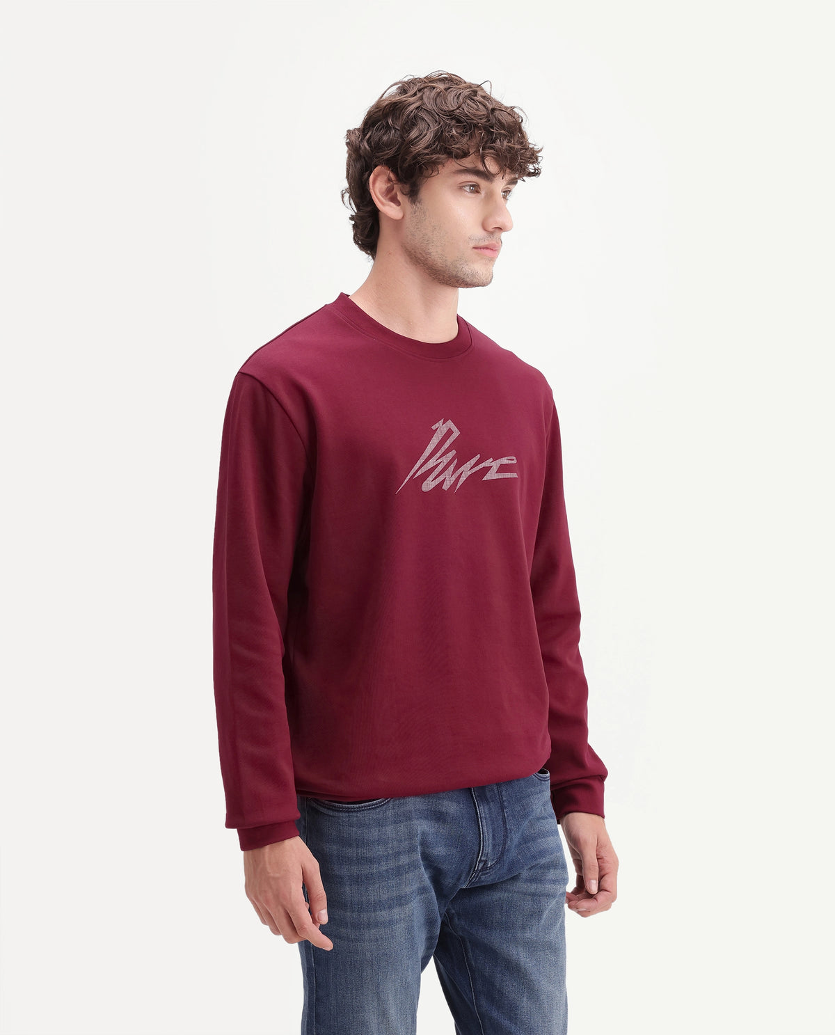 Rare Rabbit Men's Palmi Maroon Cotton Blend Crew Neck Regular Graphic Print Sweatshirt
