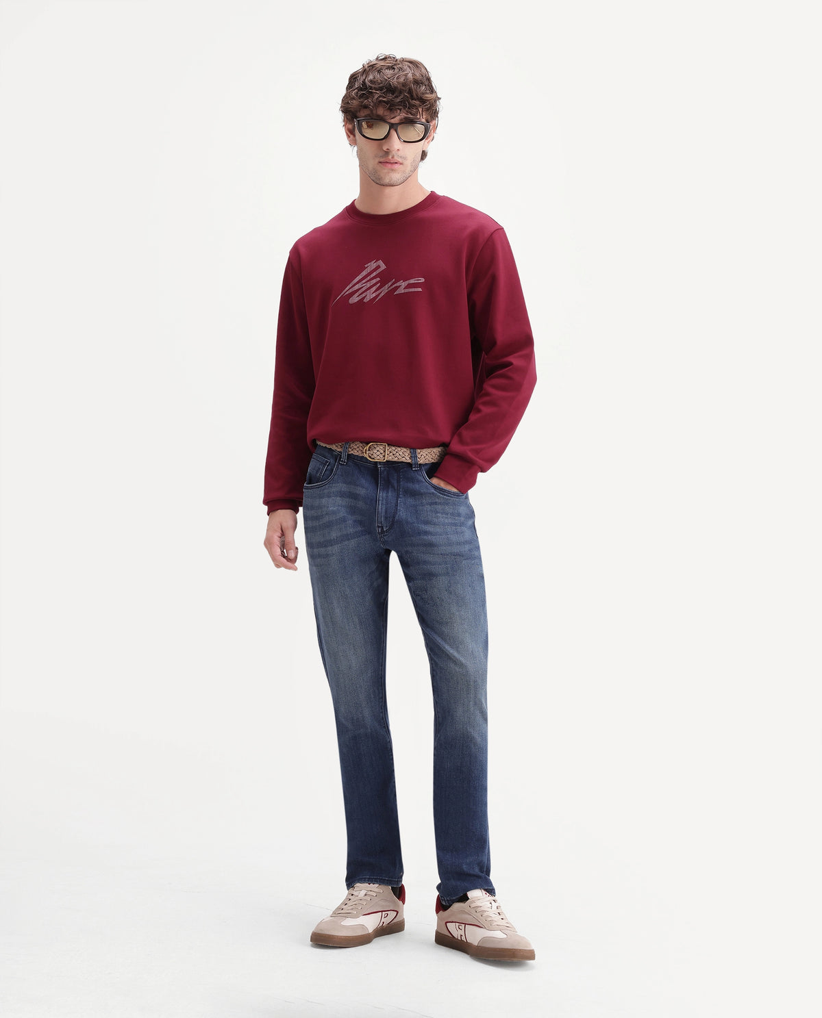 Rare Rabbit Men's Palmi Maroon Cotton Blend Crew Neck Regular Graphic Print Sweatshirt